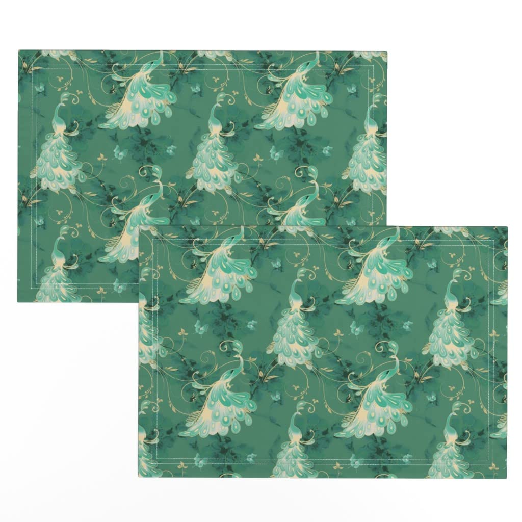Premium Linen Cotton Canvas Placemats Set of 2 - Elegant White Peacock Bird Green Print Table Mats for Dining, Kitchen Decor & Party Settings