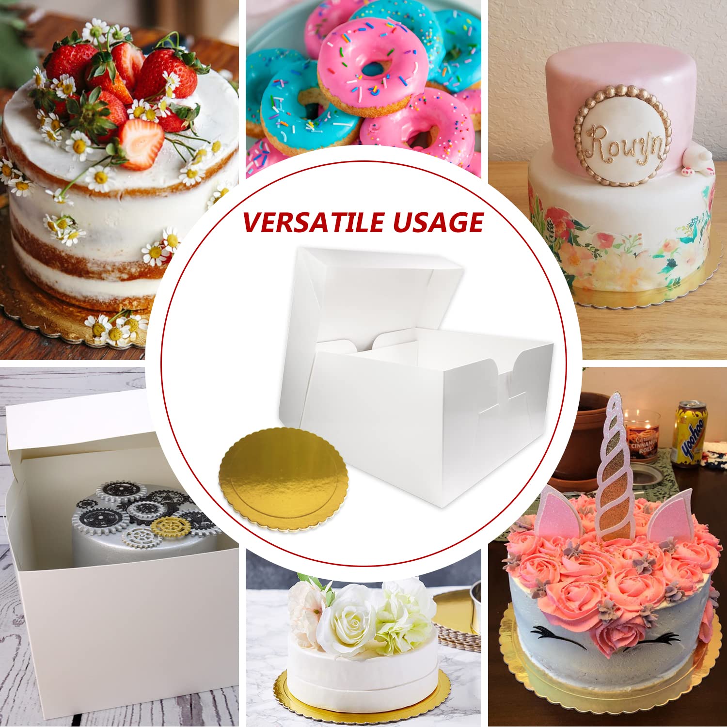 2-Pack 10-Inch White Cake Boxes with Golden Cake Boards - Sturdy Removable Lid for Safe Transport of Cakes, Pies, Muffins & Donuts - Perfect for Bakeries, Weddings & Party Desserts - Dust & Moisture Resistant