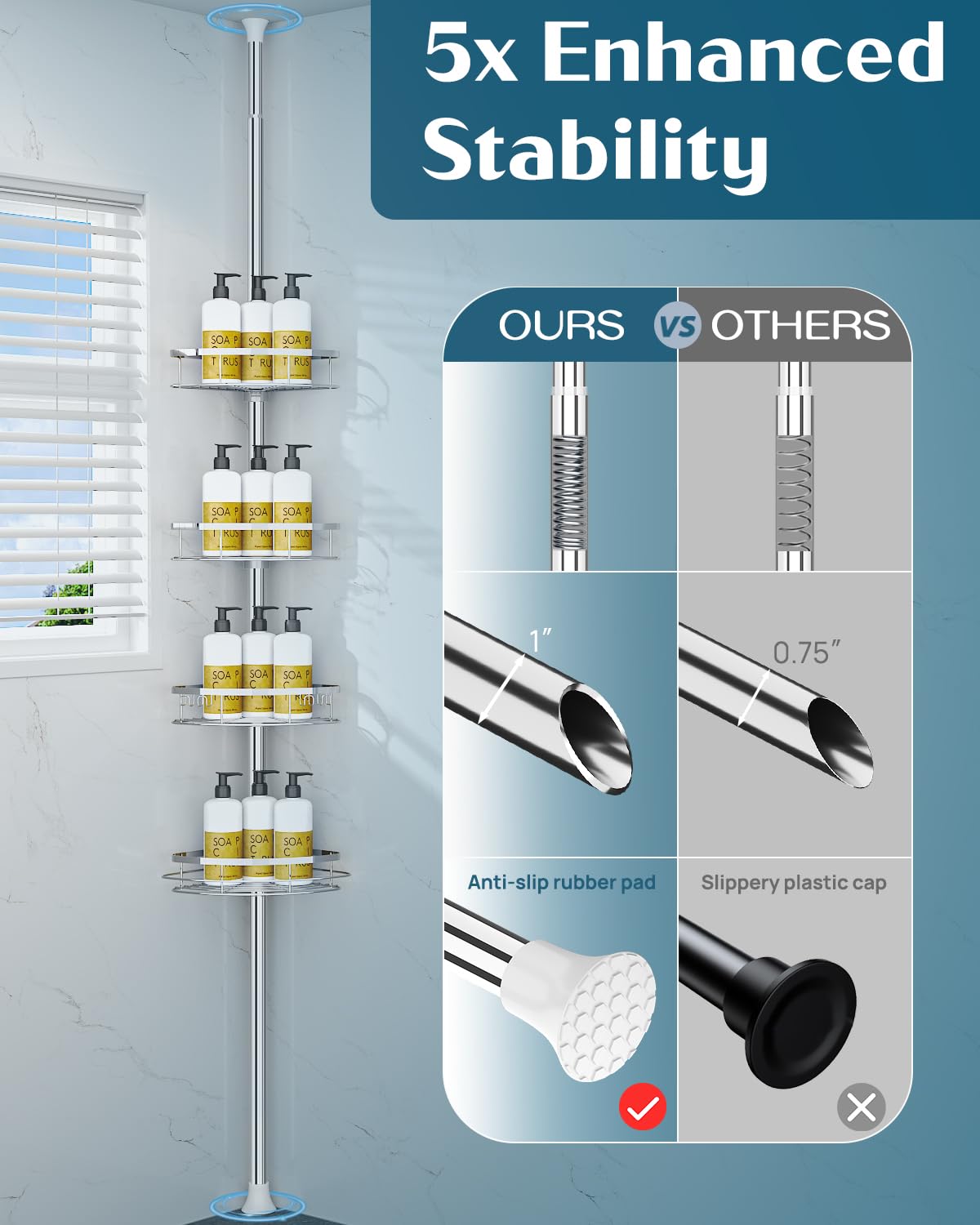 Rustproof Shower Corner Caddy Organizer - 4 Adjustable Shelves with Tension Pole (39.2-113 Inch Height) - Bathroom Storage for Shampoo, Conditioner & Bath Accessories - Perfect for Bathtub, Shower Stall & Spa Organization