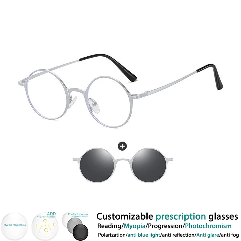 CCspace Women's Full Rim Round Alloy Eyeglasses with Clip-On Sunglasses - Stylish & Lightweight Frame for Reading, Driving, and Outdoor Activities (Model 302147)