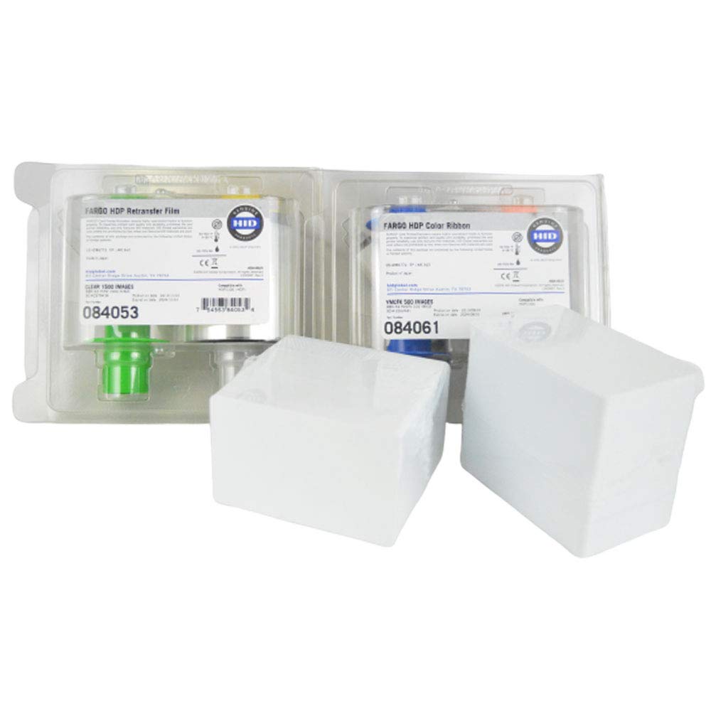 Fargo 84061 YMCFK Ribbon (500 Print Yield) + Fargo 84053 Transfer Film (1500 Transfers) + 200 Premium White PVC CR80.30 ID Cards - High-Quality ID Card Printing Supplies for Offices, Schools & Security Systems