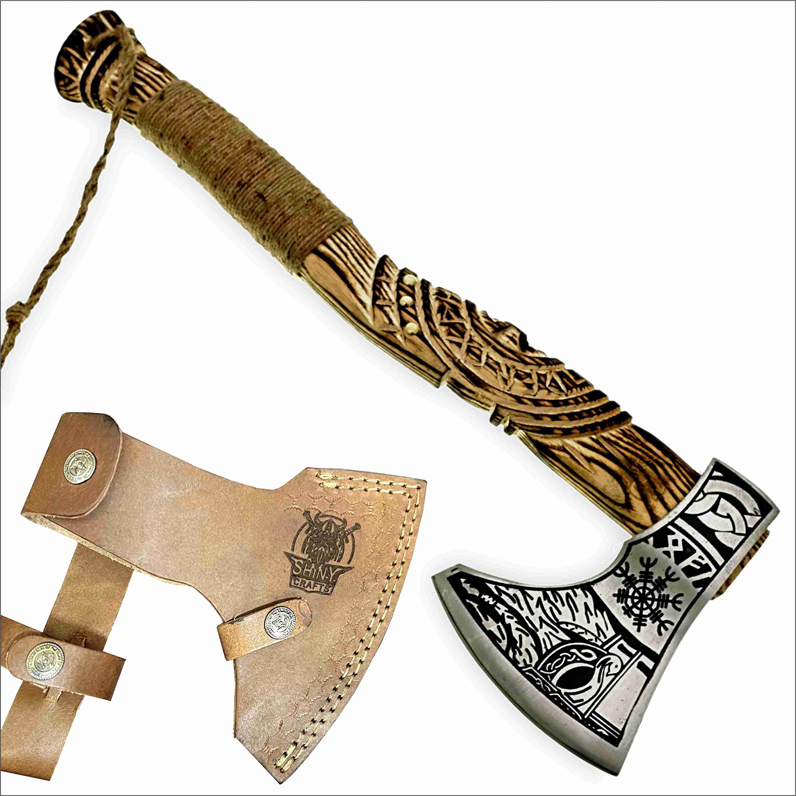 Viking Bearded Axe Tomahawk with Sheath - Handcrafted Wooden Hatchet for Camping, Throwing & Woodworking - Perfect Birthday Gift for Men, Outdoor Enthusiasts & Viking Lovers (SCA 14) - Ideal for Bushcraft, Survival Training & Medieval Reenactment