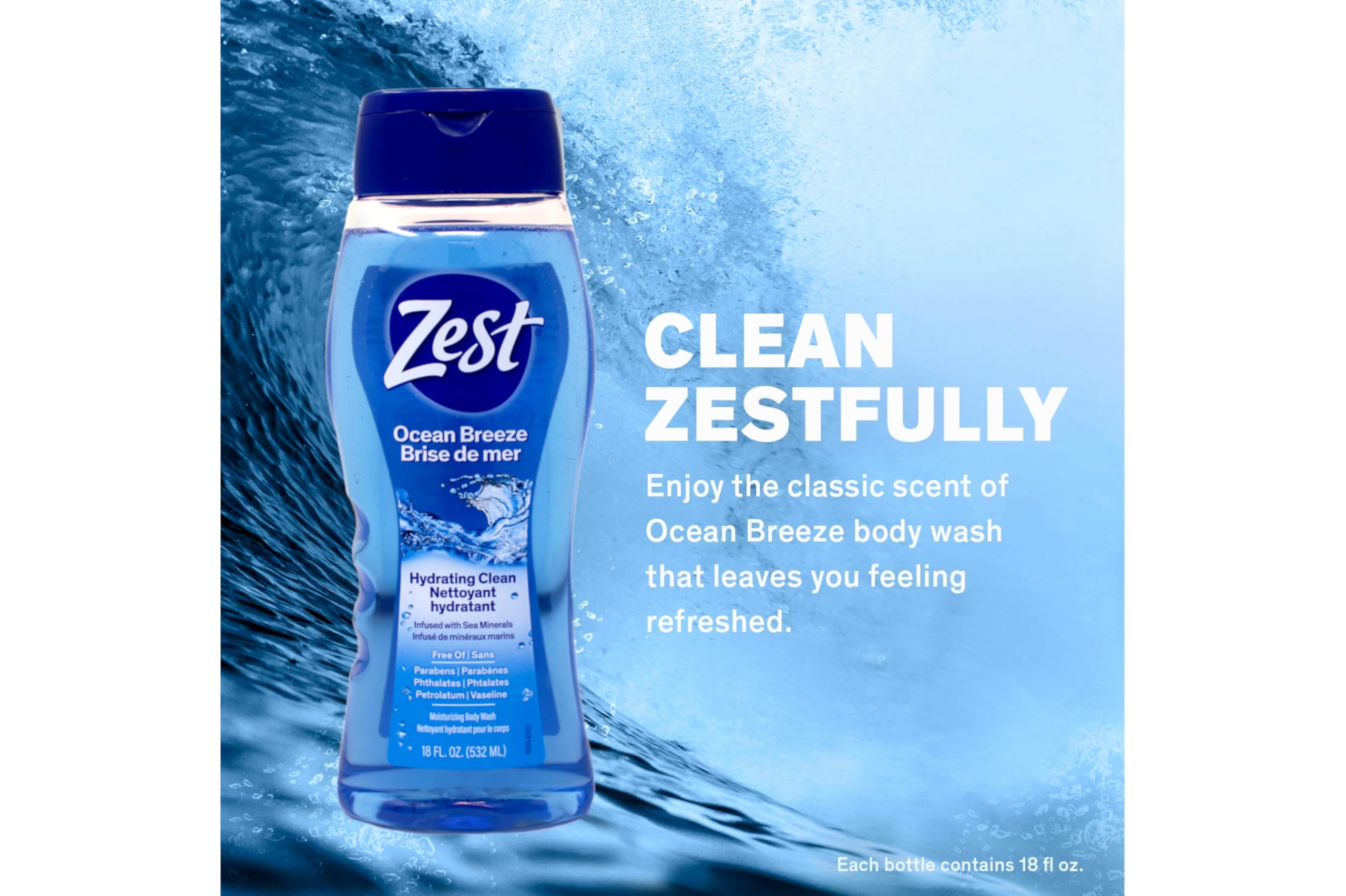 Zest Ocean Breeze Body Wash with Sea Minerals - Deep Cleansing & Moisturizing Shower Gel for Soft Smooth Skin - Refreshing Citrus Scent - 18 Fl Oz (Pack of 6) - Perfect for Daily Shower, Spa Day & Gym Bag Essential