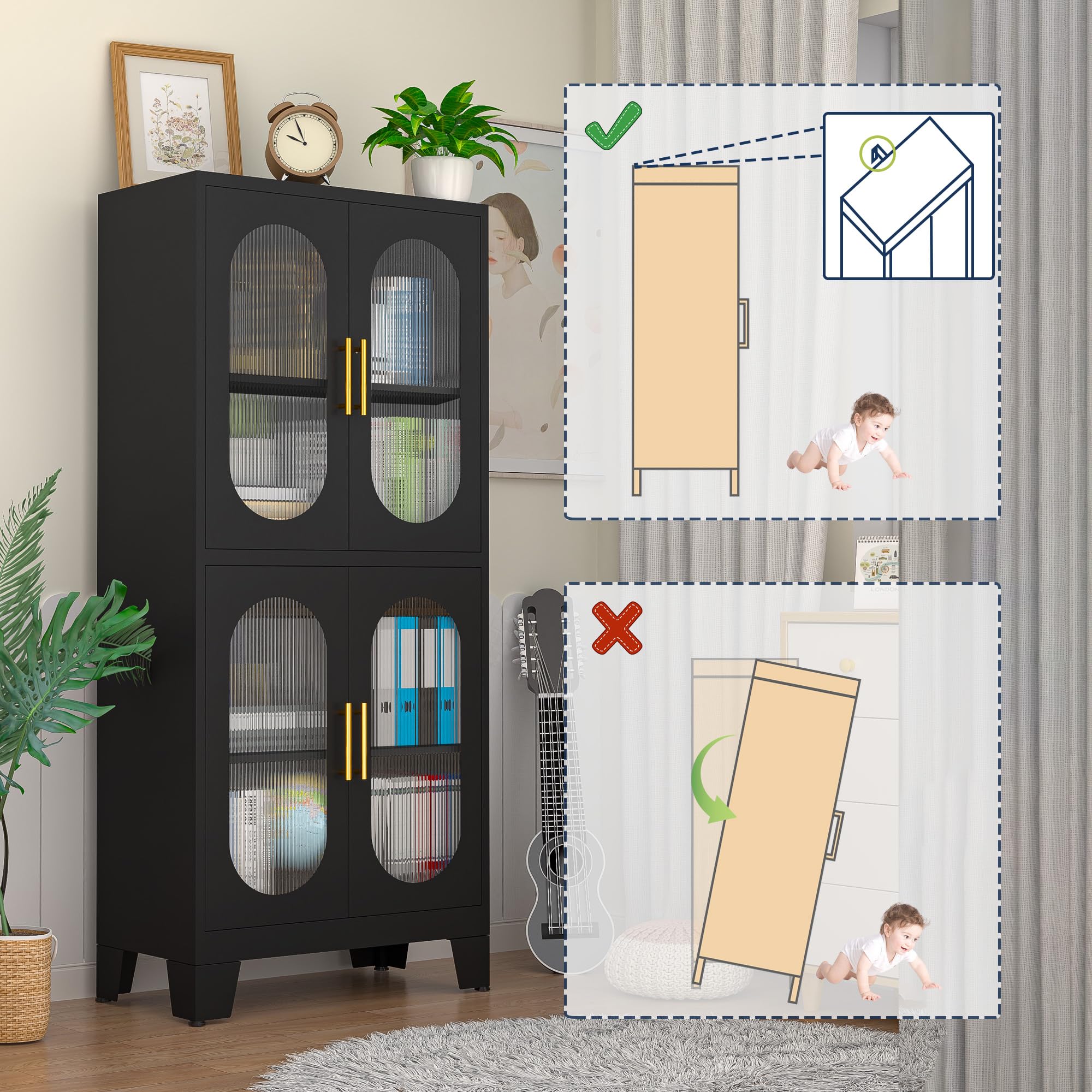 Black Kitchen Pantry Cabinet with Acrylic Glass Doors & Adjustable Shelves - Versatile Storage Organizer for Kitchen, Dining Room, Home Office, Bedroom - Perfect for Small Space Organization & Home Decor
