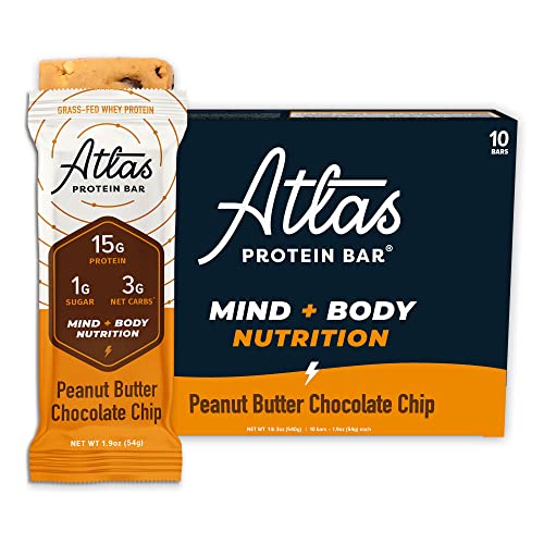 Atlas Protein Bar - Peanut Butter Chocolate Chip, High Protein, Low Sugar, Low Carb, Keto & Gluten Free Snack (10 Count) | Mind & Body Fuel for Workout Recovery, Healthy Breakfast & On-the-Go Energy Boost