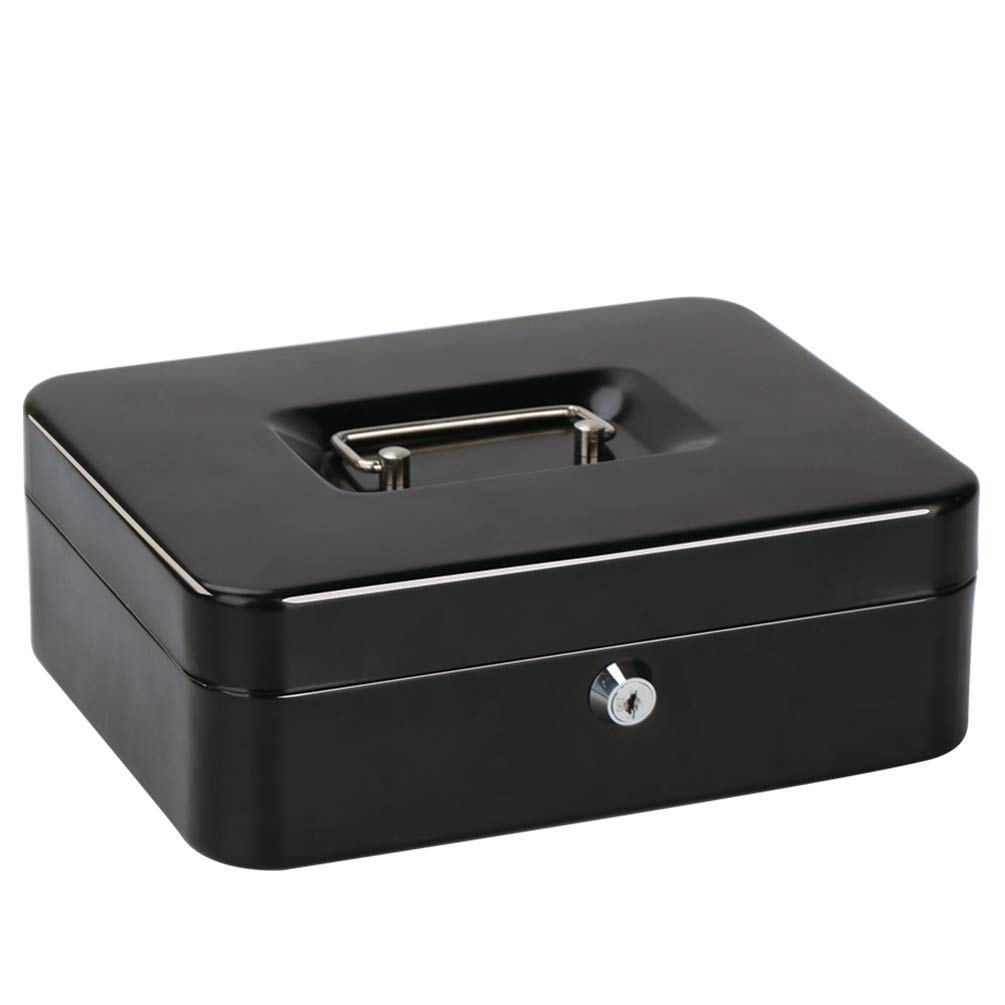 Jssmst Heavy Duty Metal Cash Box with Money Tray - Secure Locking Money Storage Box for Business, Home & Office Use - Black
