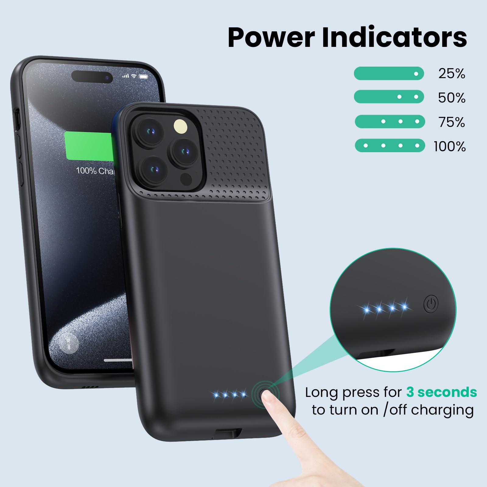 Upgraded 8600mAh Slim Battery Case for iPhone 15 Pro Max - 15W Fast Charging Portable Charger Cover | Protective Extended Power Bank for iPhone 15 Pro Max (6.7 inch) | Perfect for Travel, Work & Outdoor Activities - Black