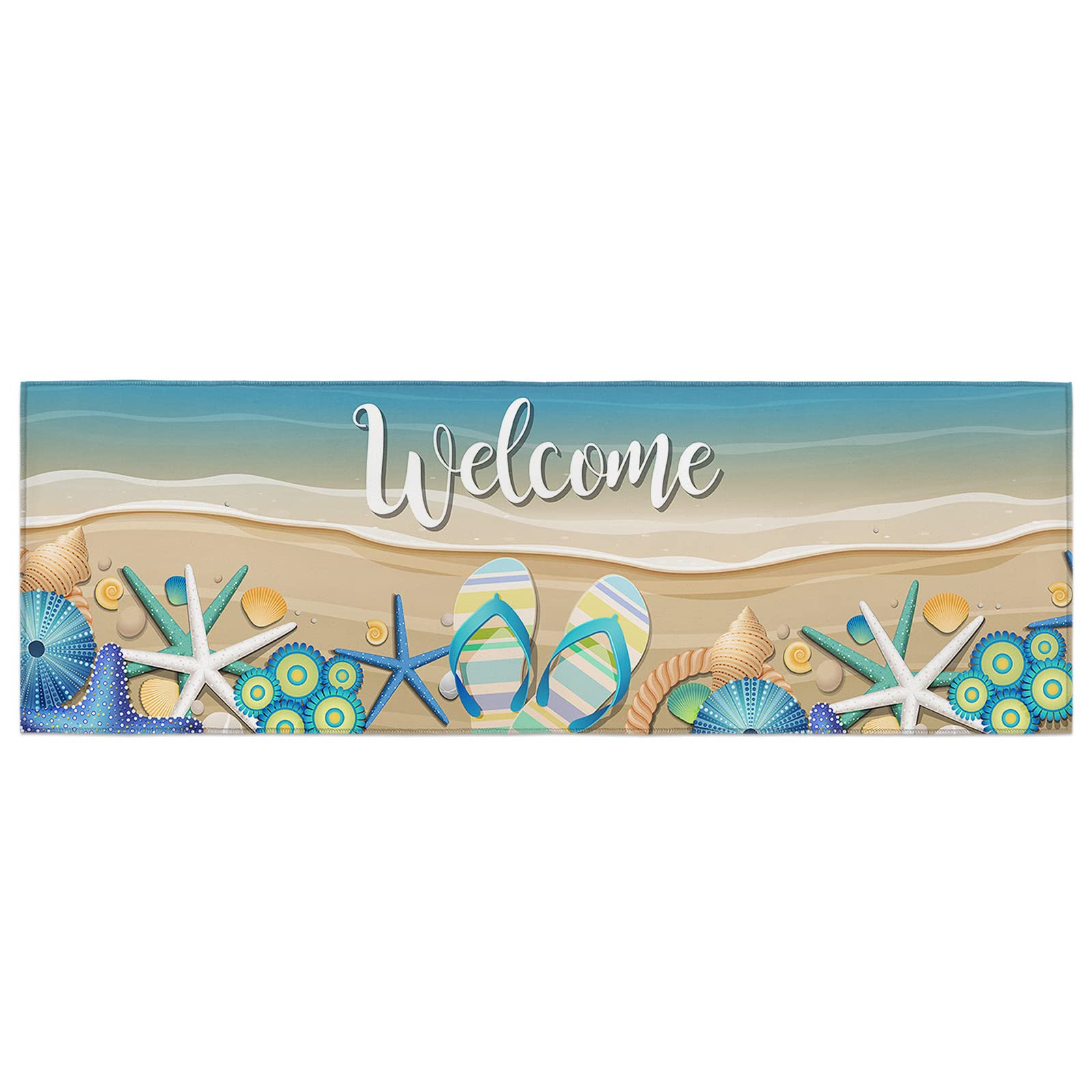 Non-Slip Absorbent Indoor Doormat - Soft TPR Backing Entrance Rug 20x63 Inch for Front/Back Door - Summer Beach Starfish Shell Design - Perfect for Home, Office, Apartment & Vacation Rentals
