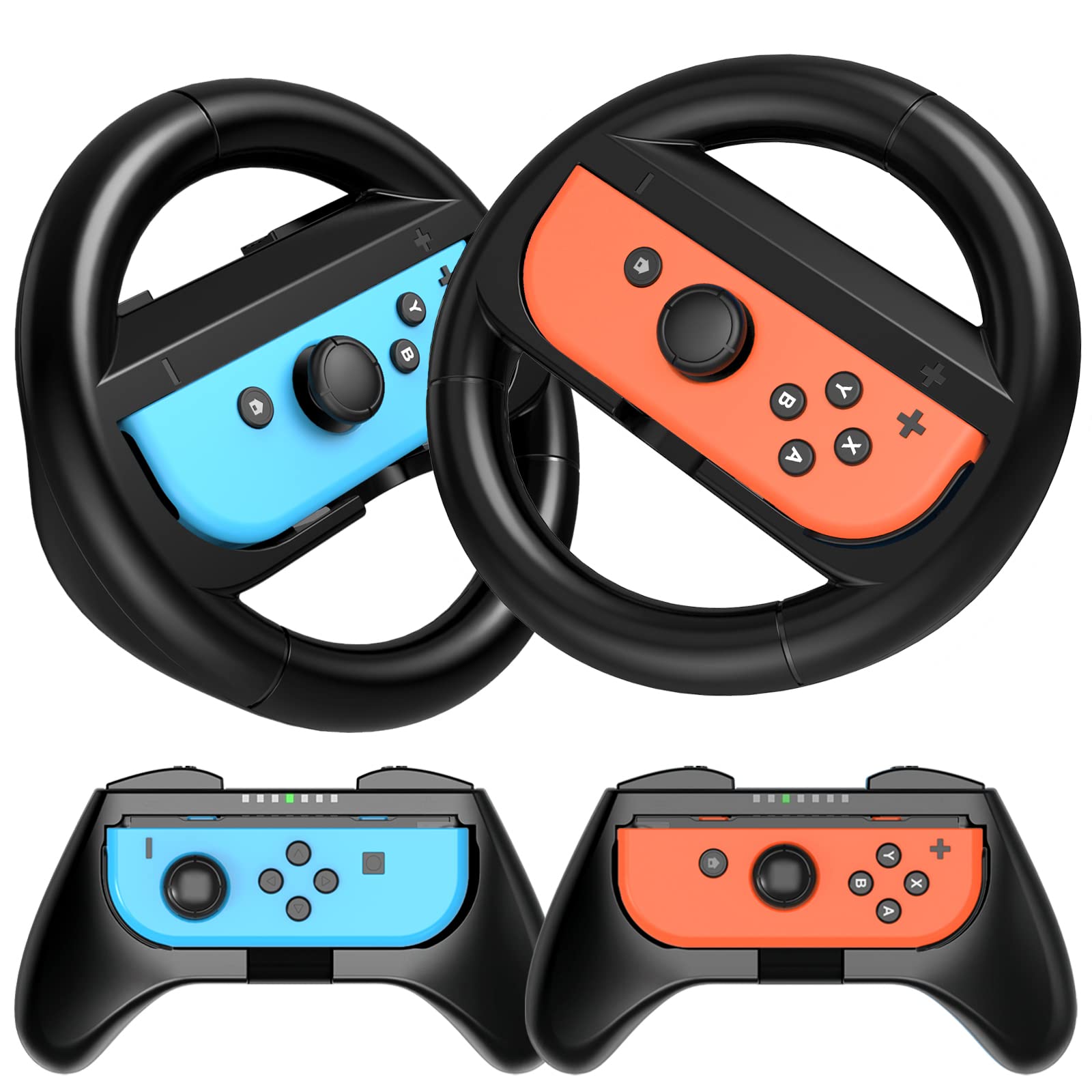 HEYSTOP 4 Pack Steering Wheel Controller for Nintendo Switch & Switch OLED Model - Joy-Con Grip Wheel for Mario Kart Racing Games, Black - Perfect for Family Game Nights & Multiplayer Racing Fun