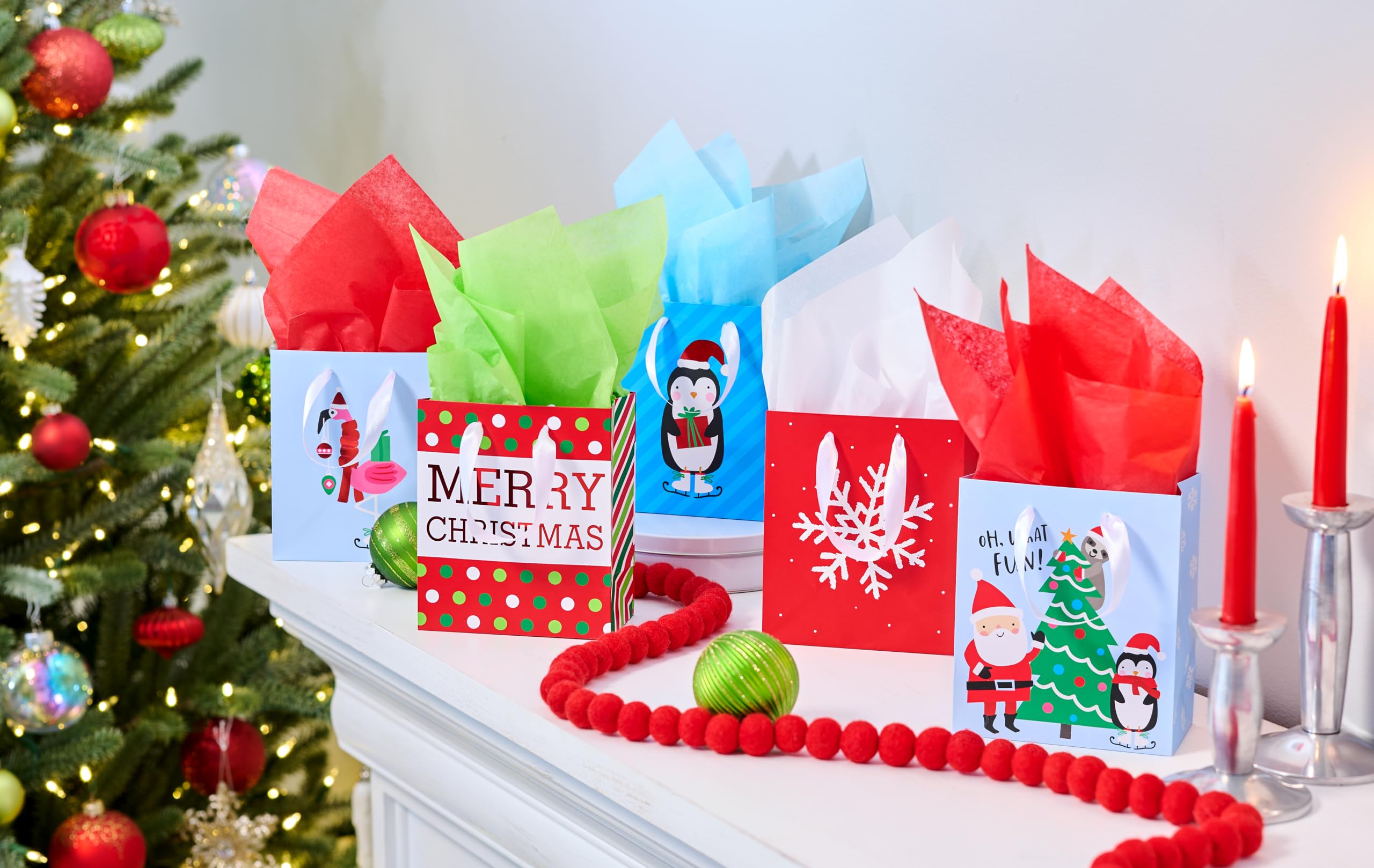 American Greetings Small Christmas Gift Bags for Kids - Cute Animal & Santa Design (5 Pack) - Perfect for Holiday Party Favors, Stocking Stuffers & Classroom Treats