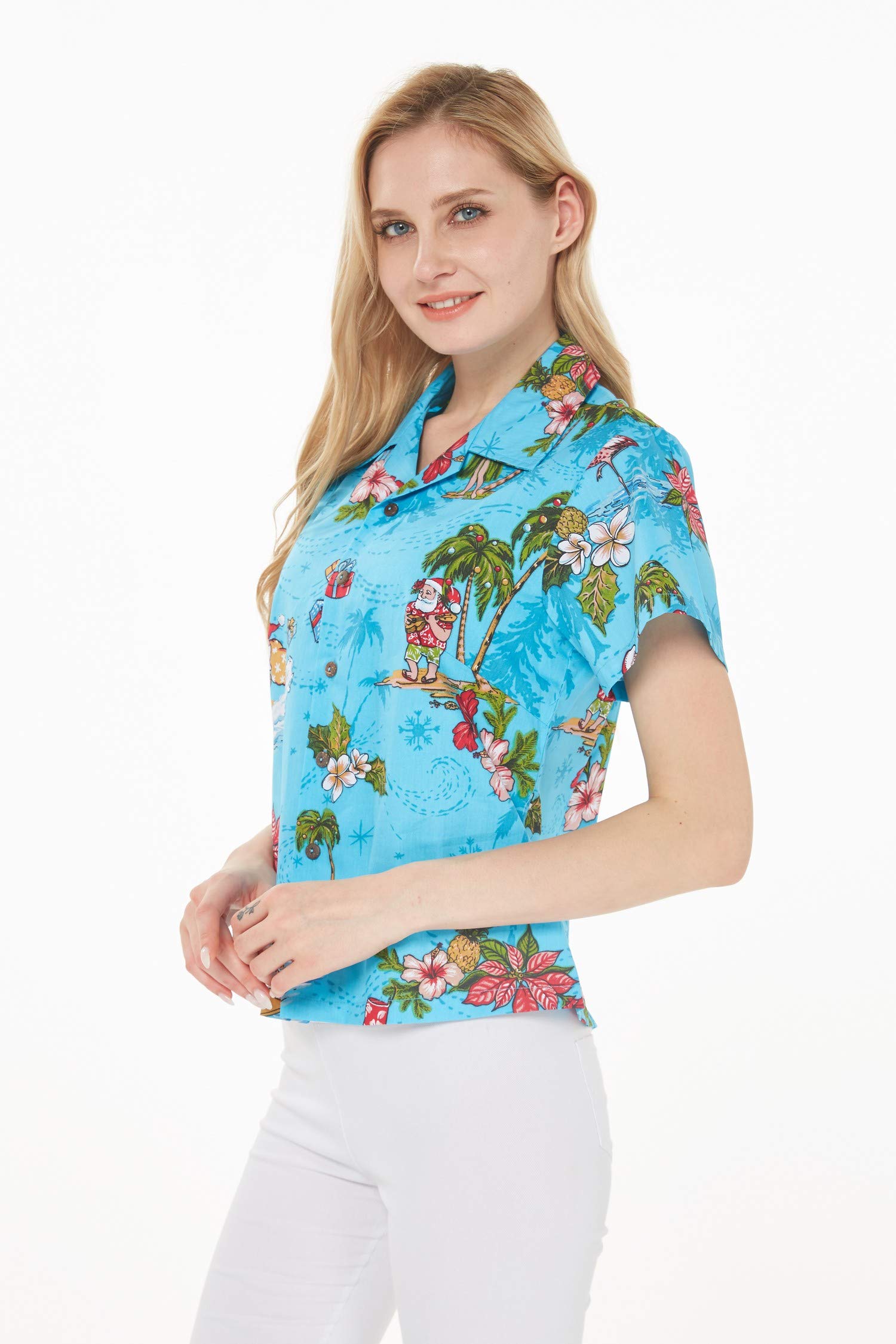 Women's Hawaiian Aloha Shirt - Christmas Santa in Hawaii Red Floral Print - Perfect for Beach Vacations, Luau Parties & Summer Holidays