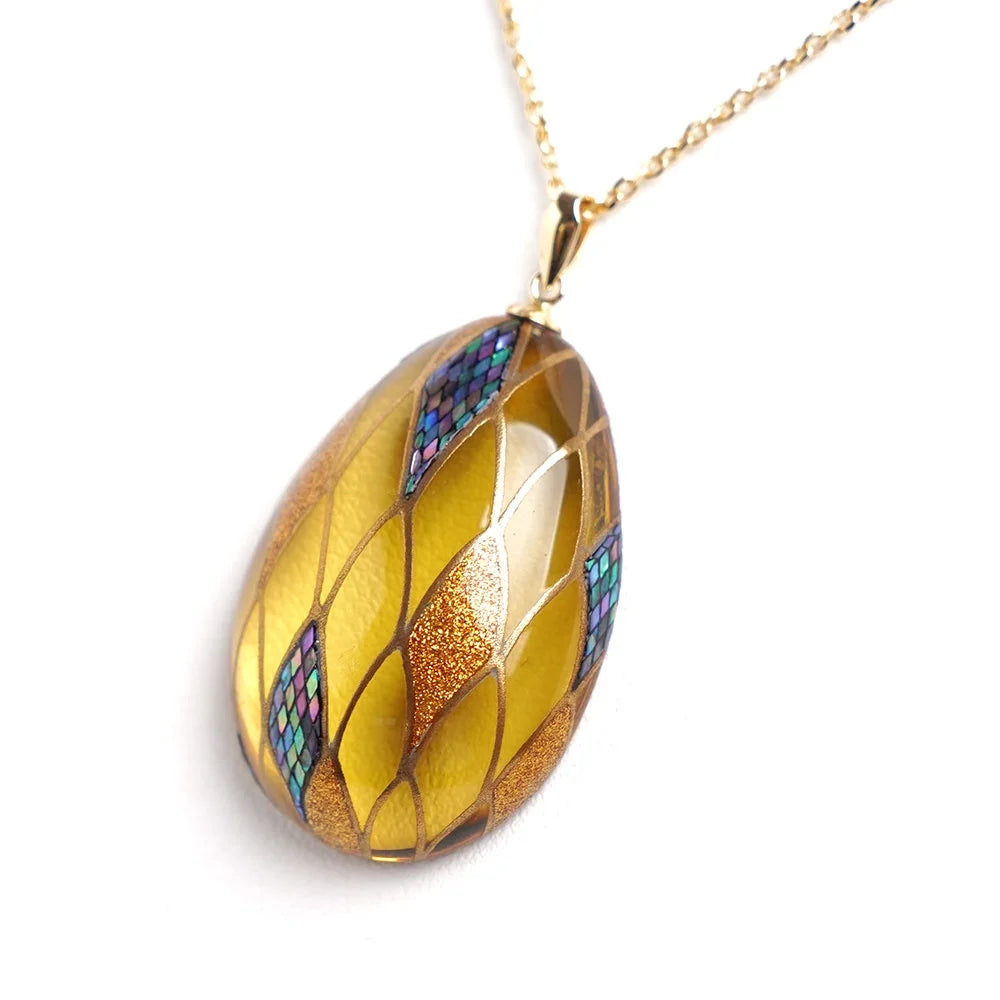 Handmade Japanese Maki-e Urushi Lacquer Pendant Necklace - Amber Dragon Scale Pattern Traditional Jewelry for Women | Gift for Her, Wedding, Anniversary & Special Occasions