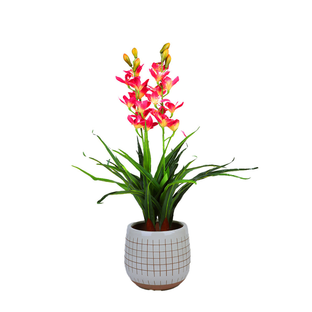 100cm Faux Artificial Silk Cymbidium Orchid Plant - Red & White Home Decor Potted Flower for Living Room, Office, Wedding Centerpiece Decorations