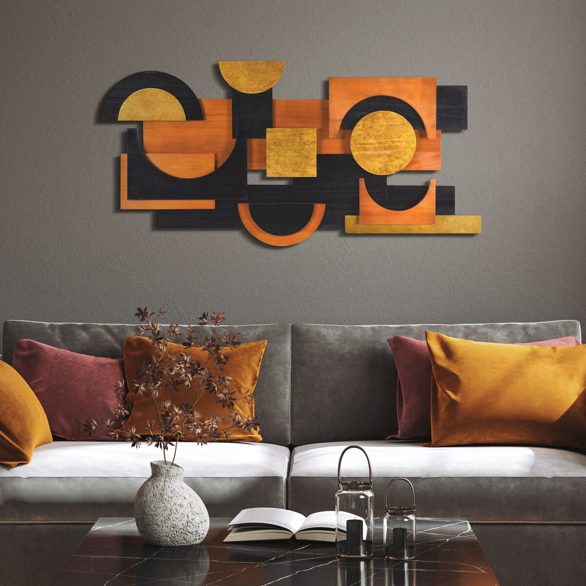 Handmade Dimensional Solid Paulownia Wood Abstract Wall Art - Amber Embraces Collection - Perfect for Living Room, Bedroom & Office Decor