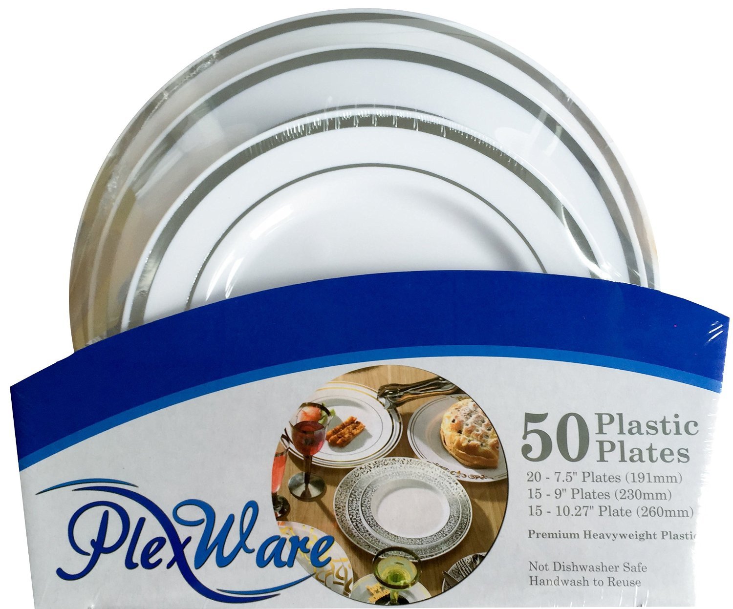 Plexware 50-Piece Silver Rim Plastic Dinner Plate Set - 7.5