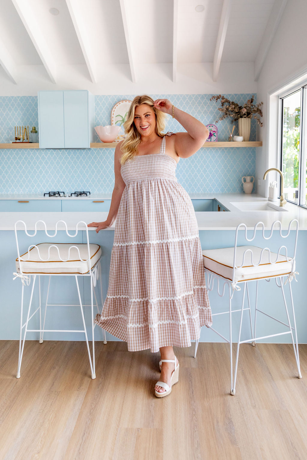 Allegra Maxi Dress in Beige & White Gingham - Flowy Summer Dress for Women, Beach Cover Up, Casual Day Out