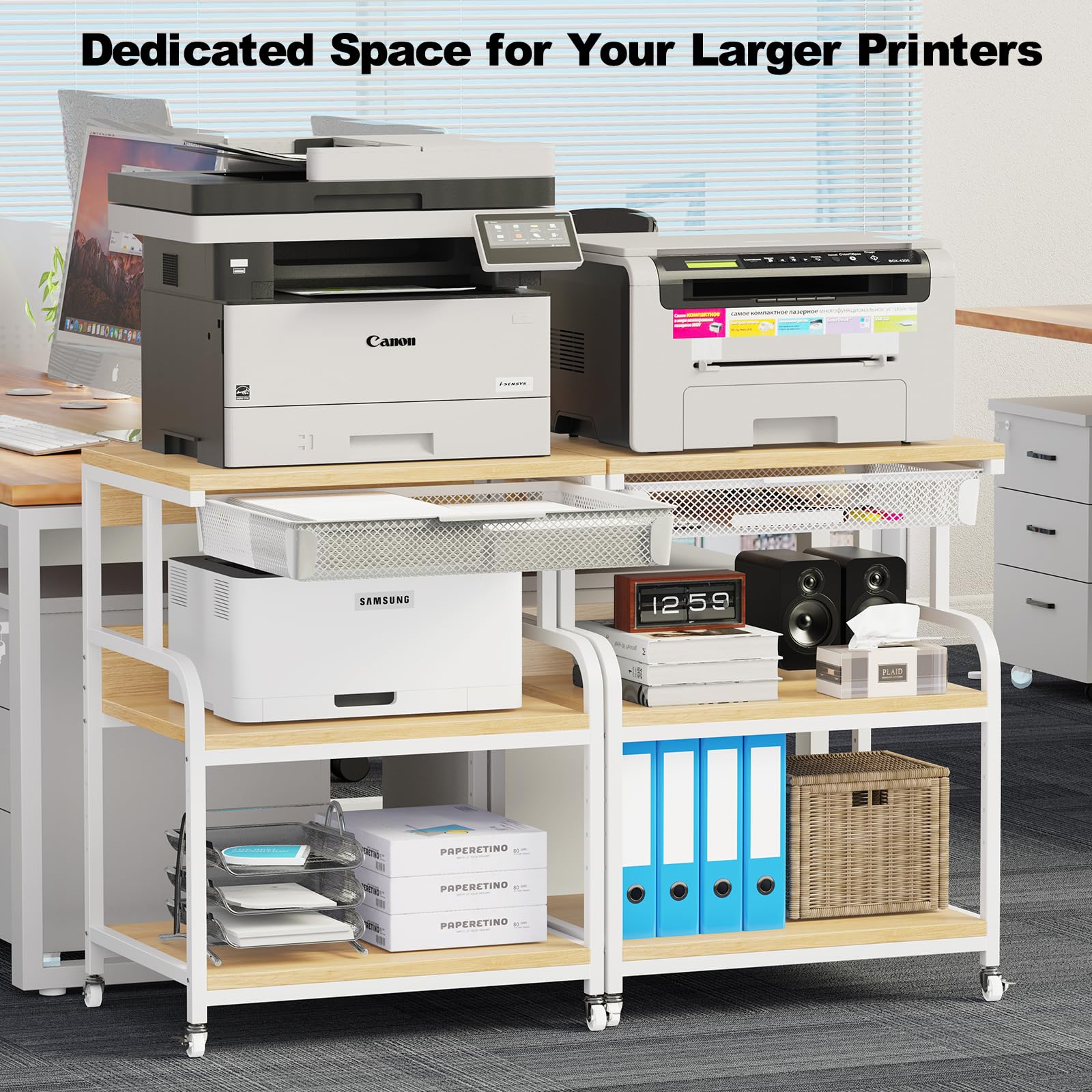 EasyCom 23.6''x18.9'' Extra Large Adjustable Printer Stand with 3 Storage Drawers & Wheels - 5 Height Settings Rolling Printer Cart for Home Office - Perfect for Printer, Scanner & Fax Machine Organization