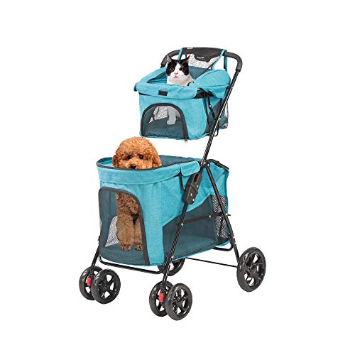 LUCKYERMORE Double Pet Stroller for Dogs & Cats - Foldable Travel Carrier Cart for 2 Small/Medium Pets - Lightweight & Easy to Fold - Perfect for Jogging, Shopping & Outdoor Adventures (Blue)