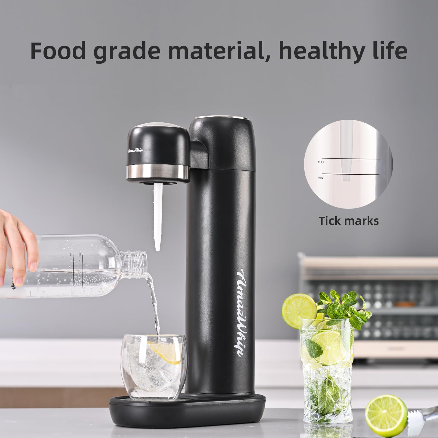 Premium Sparkling Water Maker Machine with CO2 Gas Canisters & 1L Water Bottles - Home Carbonated Drink Maker for Healthy Soda, Sparkling Juice & Cocktails (Black, Includes 2 Canisters) - Perfect for Kitchen, Office, Parties & Home Bar Use