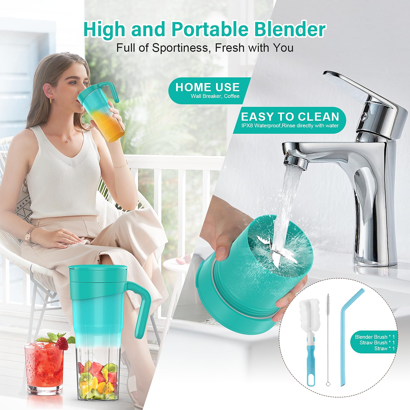Portable USB Rechargeable Blender - 16oz (470ml) Mini Personal Blender with 6 Blades for Smoothies, Shakes & Baby Food | Travel, Kitchen & Gym Use | Green by HUIJUTCHEN