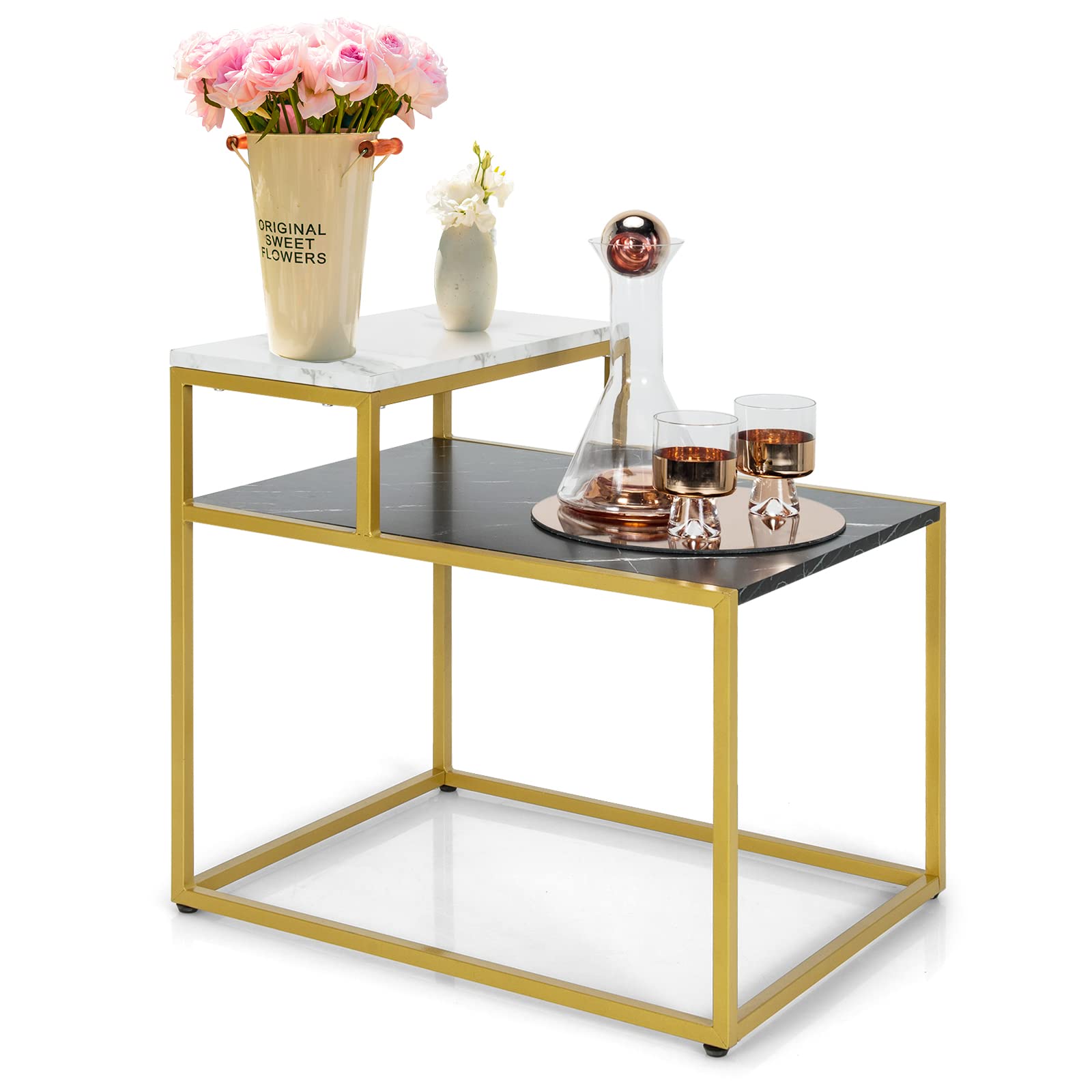 Giantex Gold End Table with Faux Marble Top - Adjustable Foot Pads & Storage Shelf - Modern Side Table for Living Room, Bedroom, Office - Easy Assembly - Perfect for Coffee, Books & Decor Display
