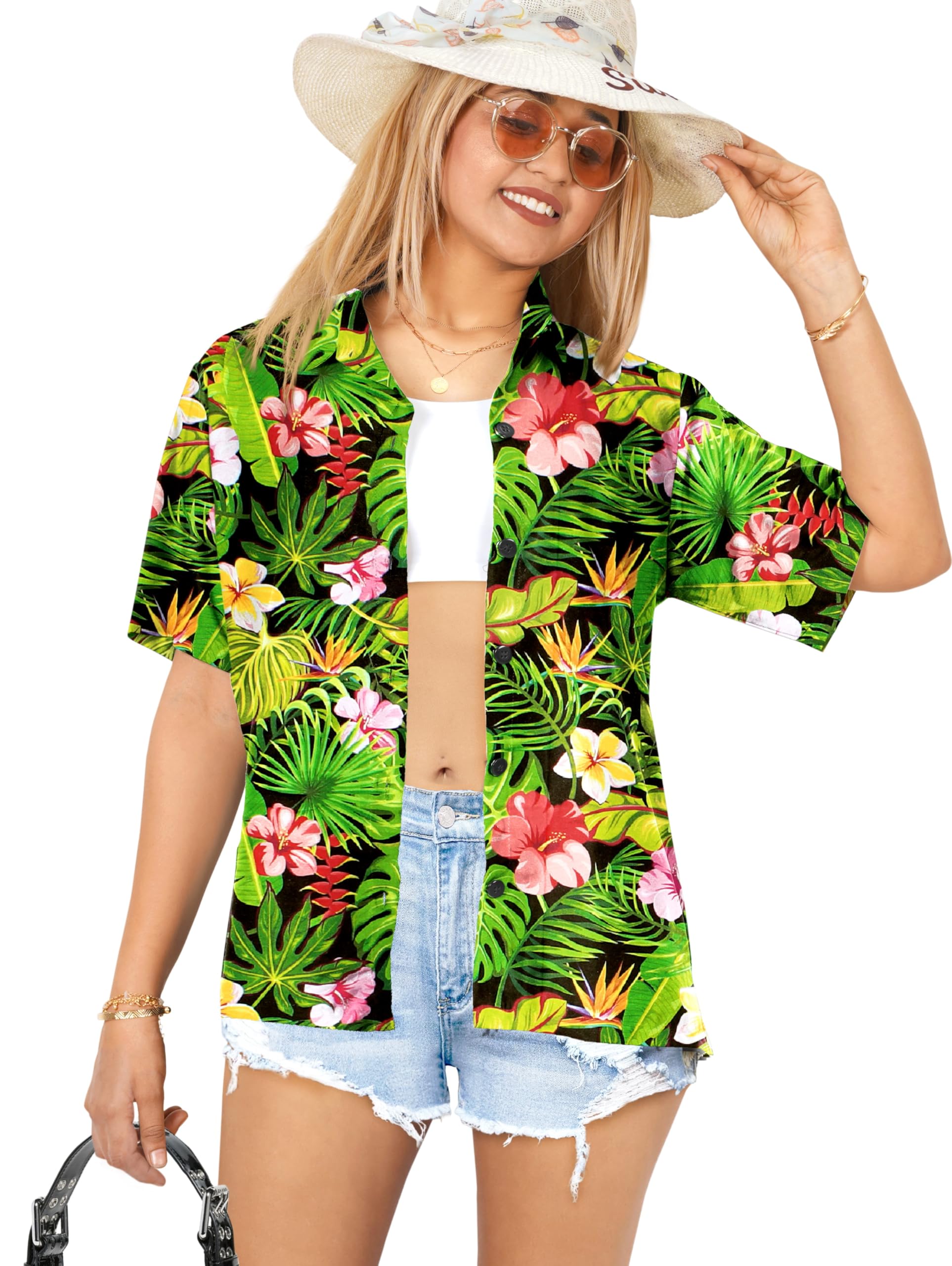 Happy Bay Women's Short Sleeve Hawaiian Blouse - Floral Print Vacation Shirt for Beach, Summer & Tropical Outfits