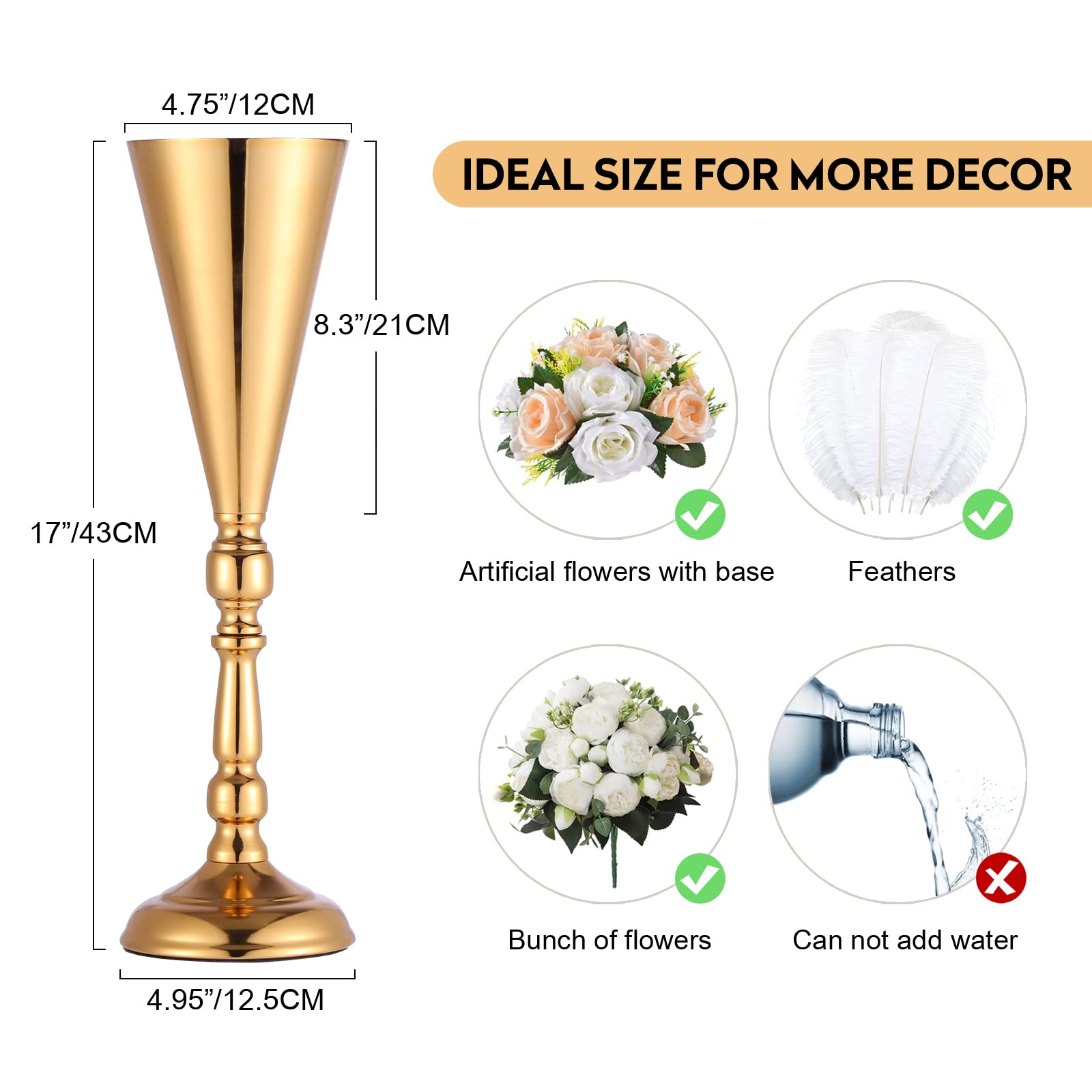 10 Pcs Gold Metal Tall Vases - Wedding Centerpieces, Table Decorations for Reception, Party, Birthday Events - Artificial Flower Vases for Home Decor (Perfect for Weddings, Banquets & Home Styling)