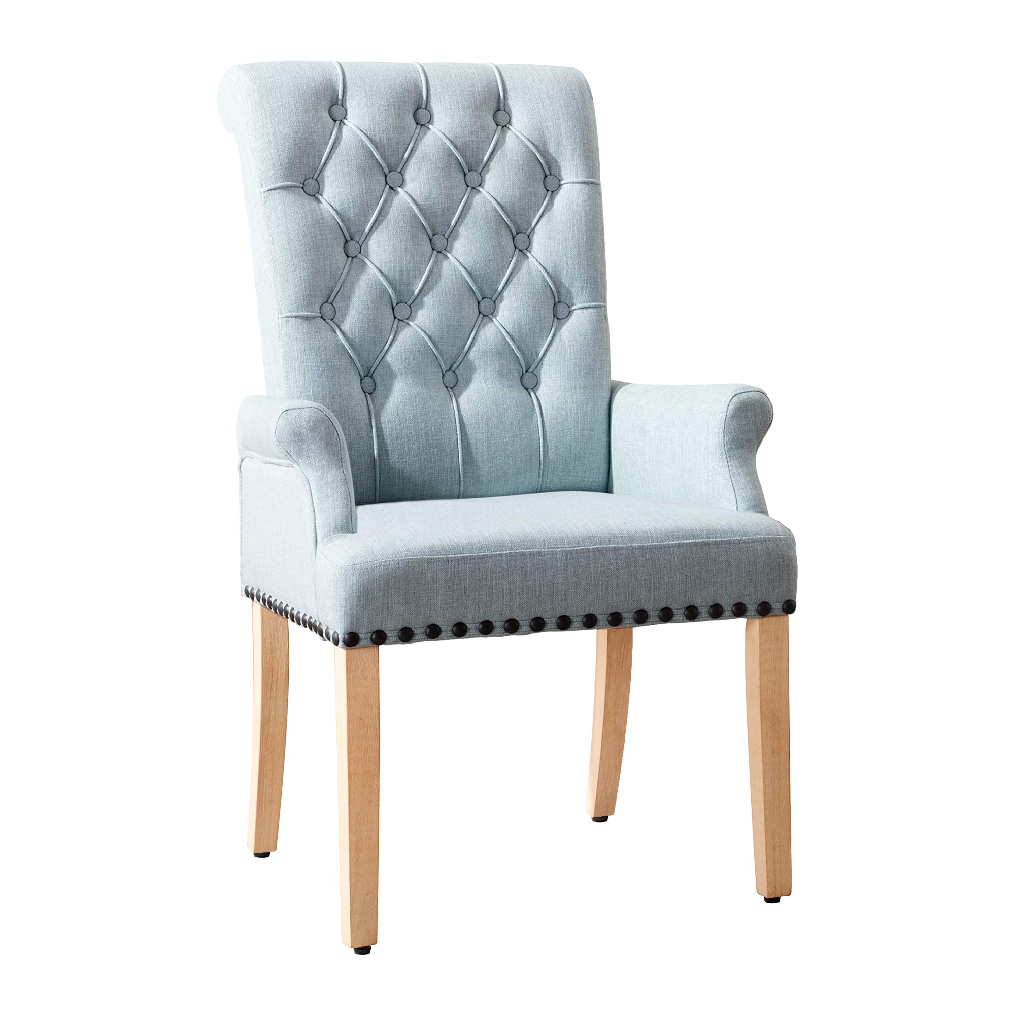Luxury Fabric Dining Chairs - Upholstered Tufted Armrest Accent Chairs with Nailhead Trim & Solid Wood Legs - Elegant Blue Home Decor for Dining Room, Kitchen & Living Room - Perfect for Family Gatherings & Dinner Parties
