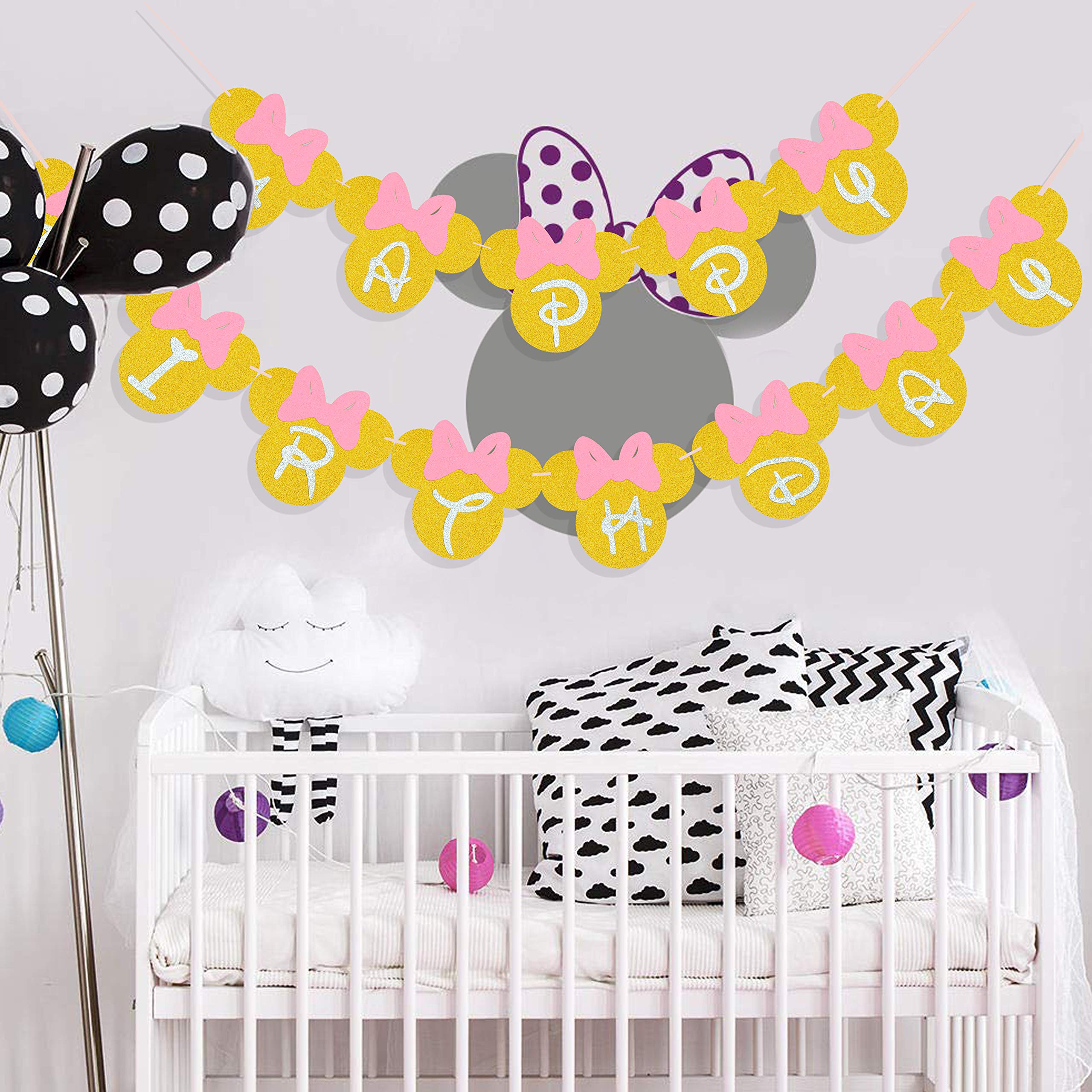 Pink and Gold Glitter Happy Birthday Banner - Minnie Mouse Themed Party Decorations for Girls Birthday Celebration | Perfect for Birthday Parties, Baby Showers & Special Events