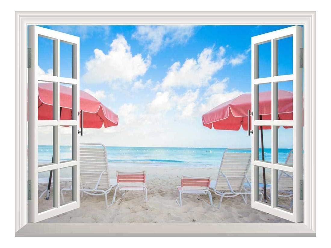 Wall26 Removable Wall Sticker & Mural - Tropical Beach Scene with Two Chairs & Umbrellas | 36