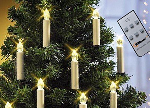 Top Race LIT10 Battery Powered Remote Control LED Christmas Tree Taper Candles with Clip - 10 Pack White Candles for Holiday Decorations, Christmas Parties & Winter Home Decor
