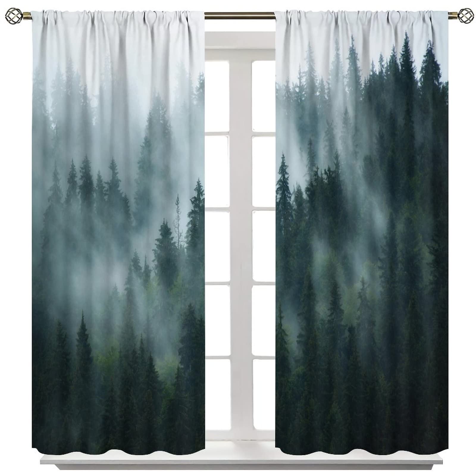 Misty Mountain Blackout Curtains - Fog Green Forest Scenic Window Drapes with Nature Tree Woodland Design, 42x45 Inches, 2 Panels | Perfect for Bedroom & Living Room Decor, Blocks Light for Better Sleep & Privacy