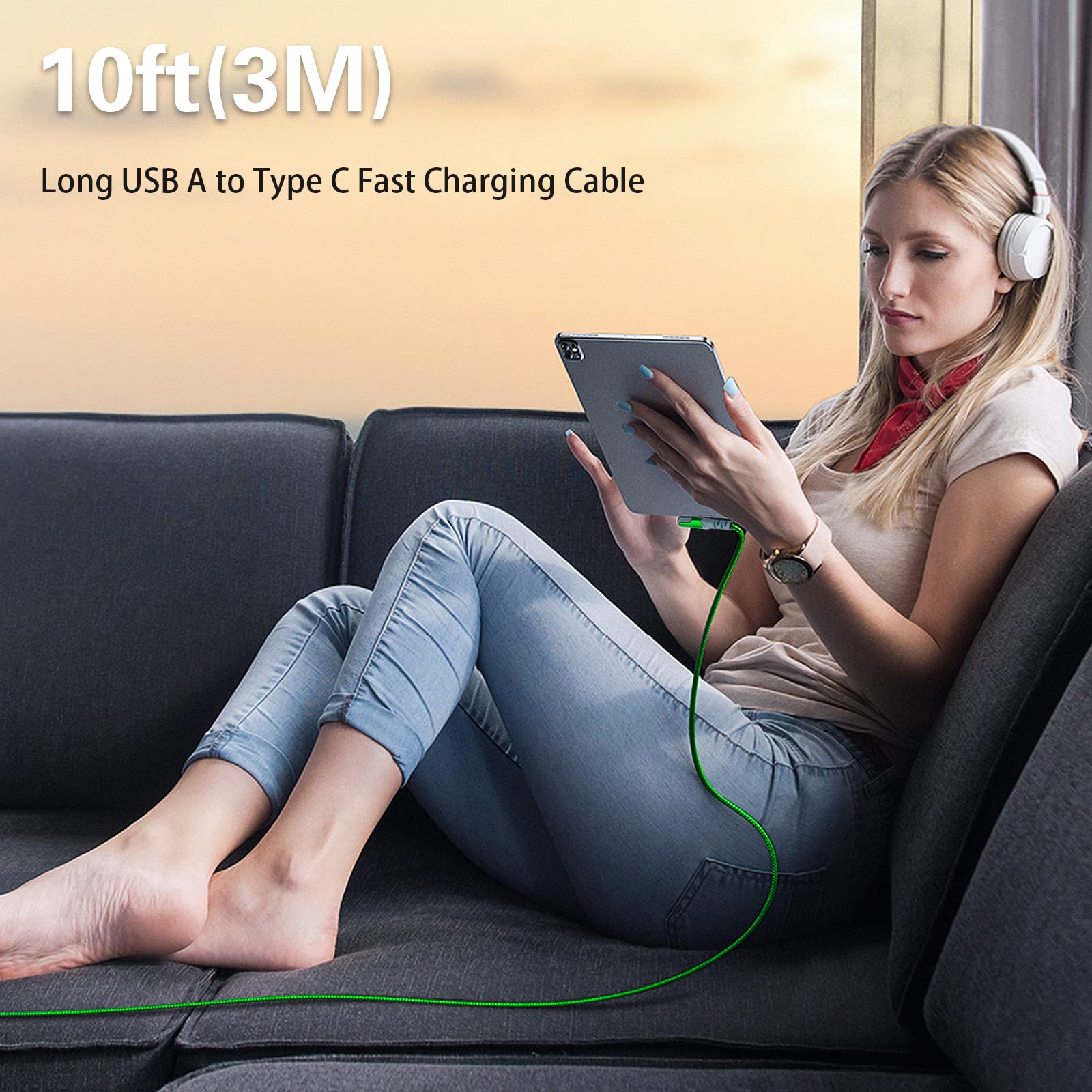 5-Pack 10FT USB C Fast Charging Cable - 3.1A Right Angle Type C, Durable Nylon Braided, Compatible with Samsung S22, iPad Pro 12.9/Air/Mini, MacBook Air, Pixel 7 - Perfect for Home, Office & Travel Charging
