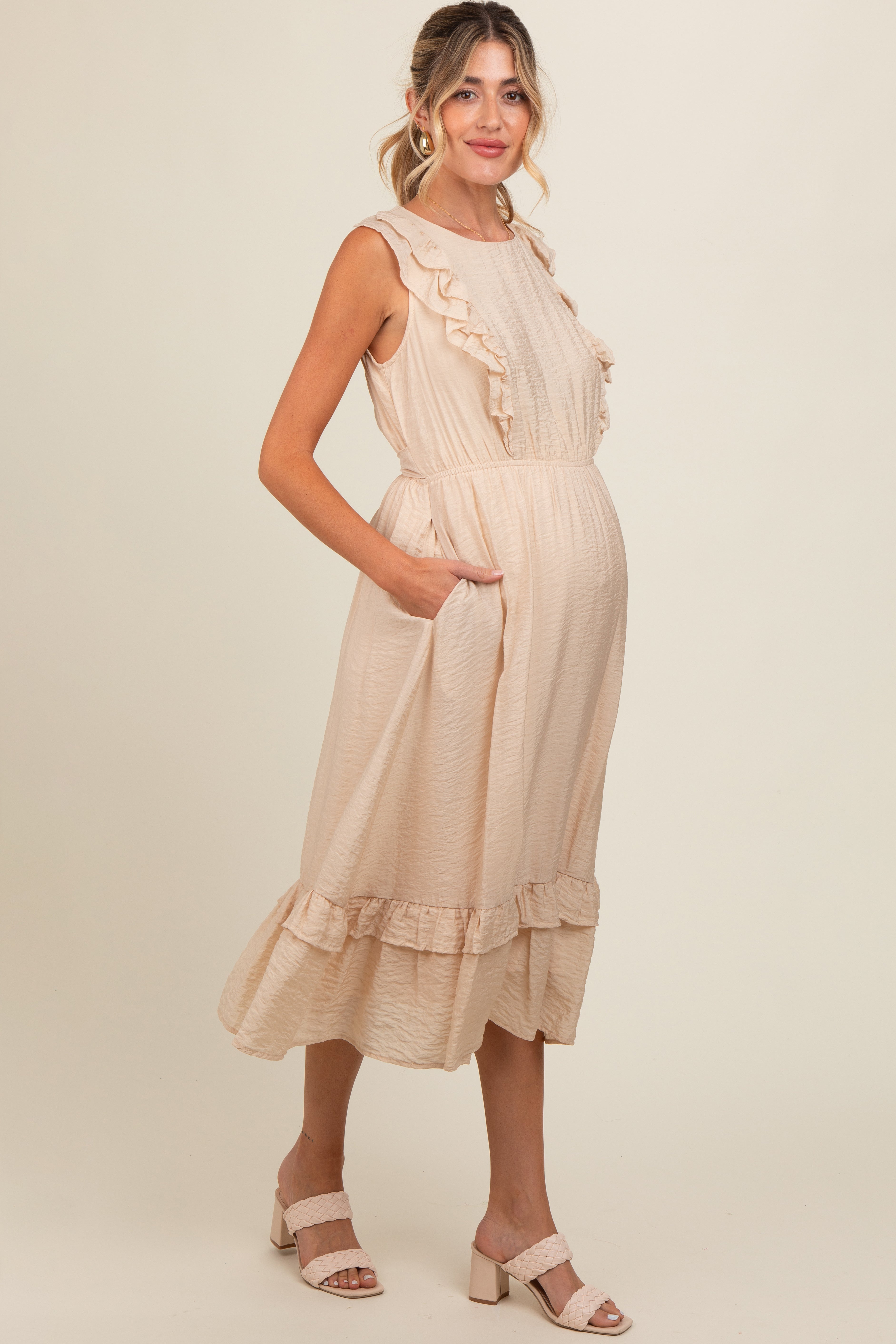 Beige Textured Ruffle Maternity Midi Dress for Pregnancy - Perfect for Baby Showers, Maternity Photos & Special Occasions