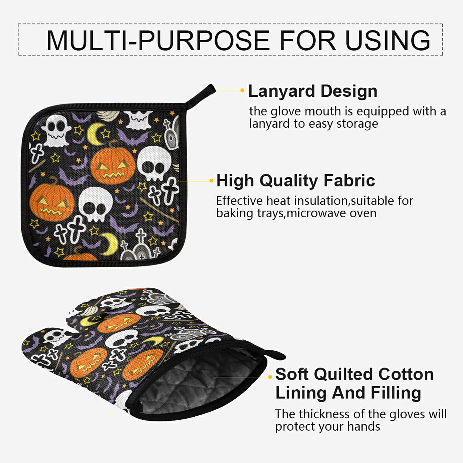 Aflyko Halloween Oven Mitts & Pot Holder Set - Jack-O-Lantern, Cute Ghost, Skull & Moon Designs - Heat Resistant Kitchen Gloves for Baking, BBQ, Grilling - Perfect for Day of The Dead Decor, Halloween Party & Holiday Gifts