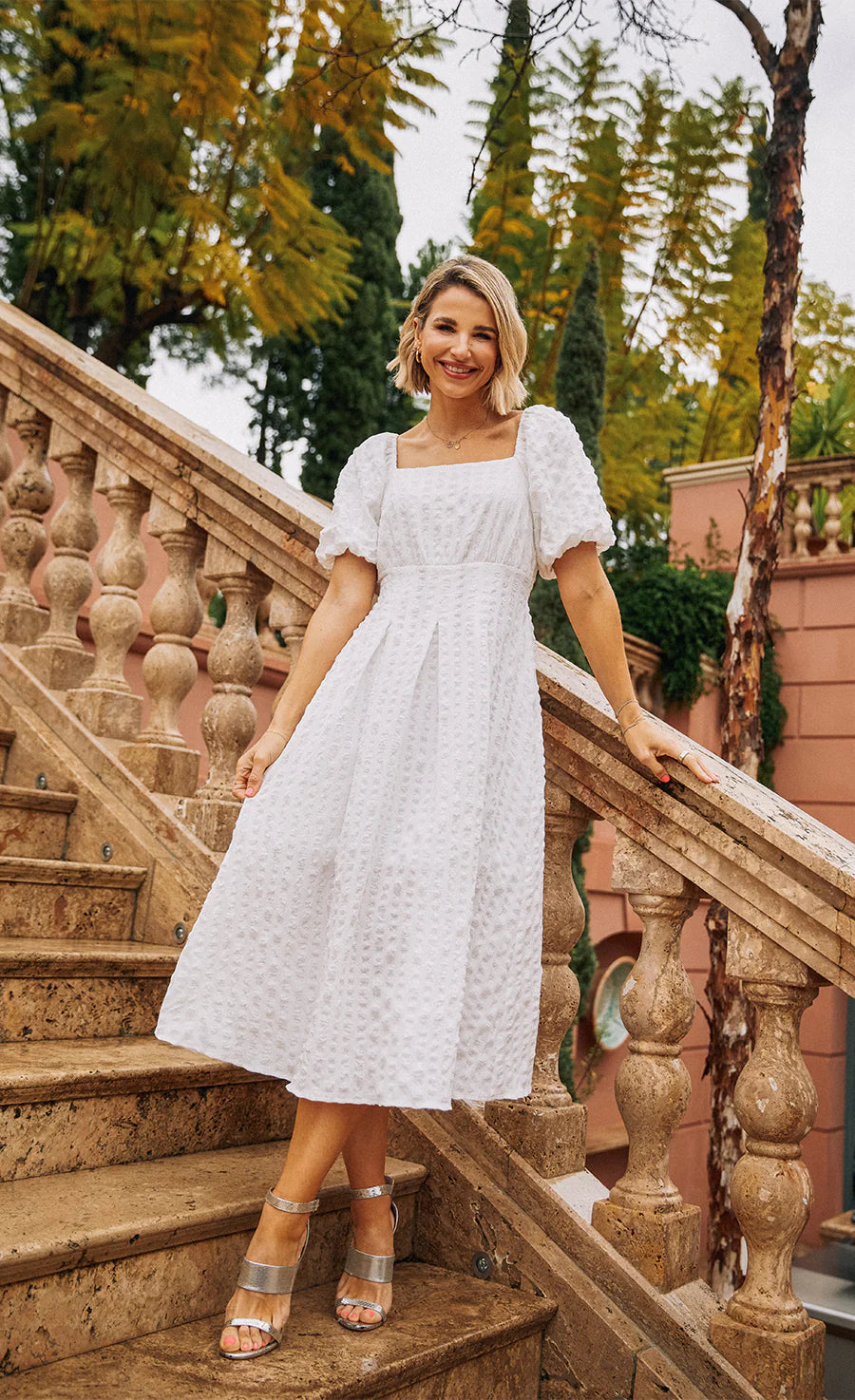 Diana Textured Puff Sleeve Midaxi Dress - Elegant White Midi Dress for Women | Perfect for Weddings, Parties & Special Occasions