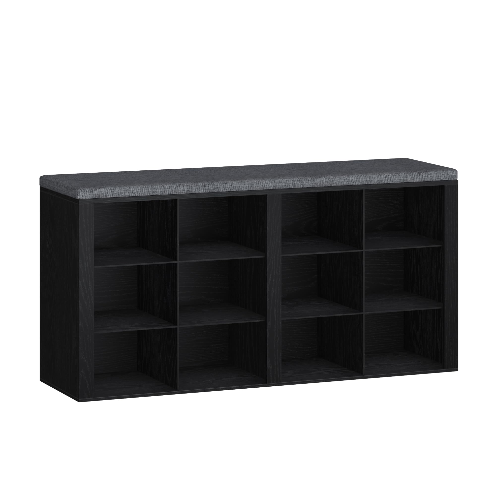 Black Shoe Bench with Cushion - 12-Cubby Entryway Storage Bench with Adjustable Shelves | Shoe Organizer Cabinet for Living Room, Bedroom & Hallway | Perfect for Small Space Organization & Entryway Decor