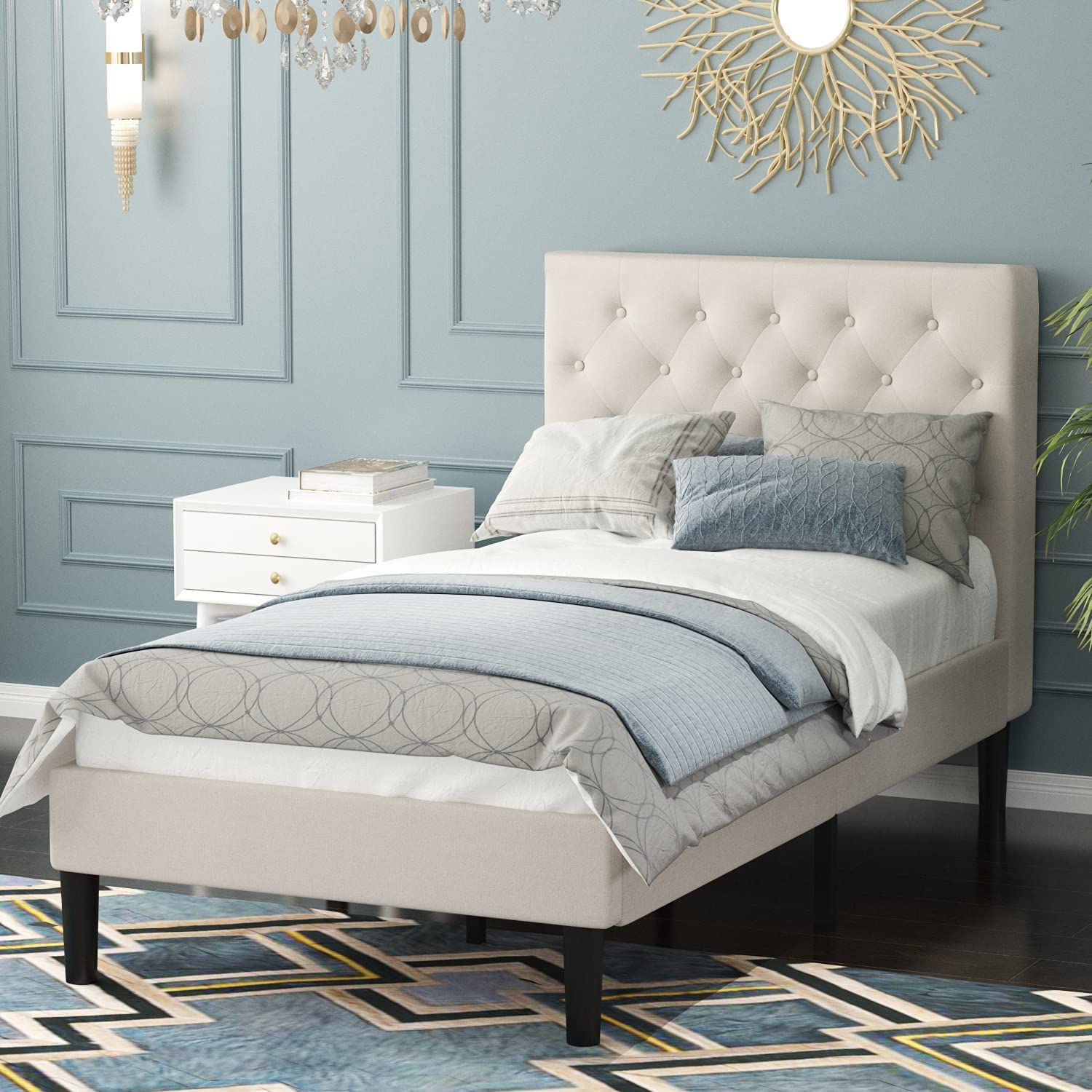 Twin Size Upholstered Bed Frame with Headboard - Linen Fabric Platform Bed, No Box Spring Needed, Sturdy Steel Slat Support, Easy Assembly, Beige - Perfect for Guest Rooms, Dorms & Small Spaces