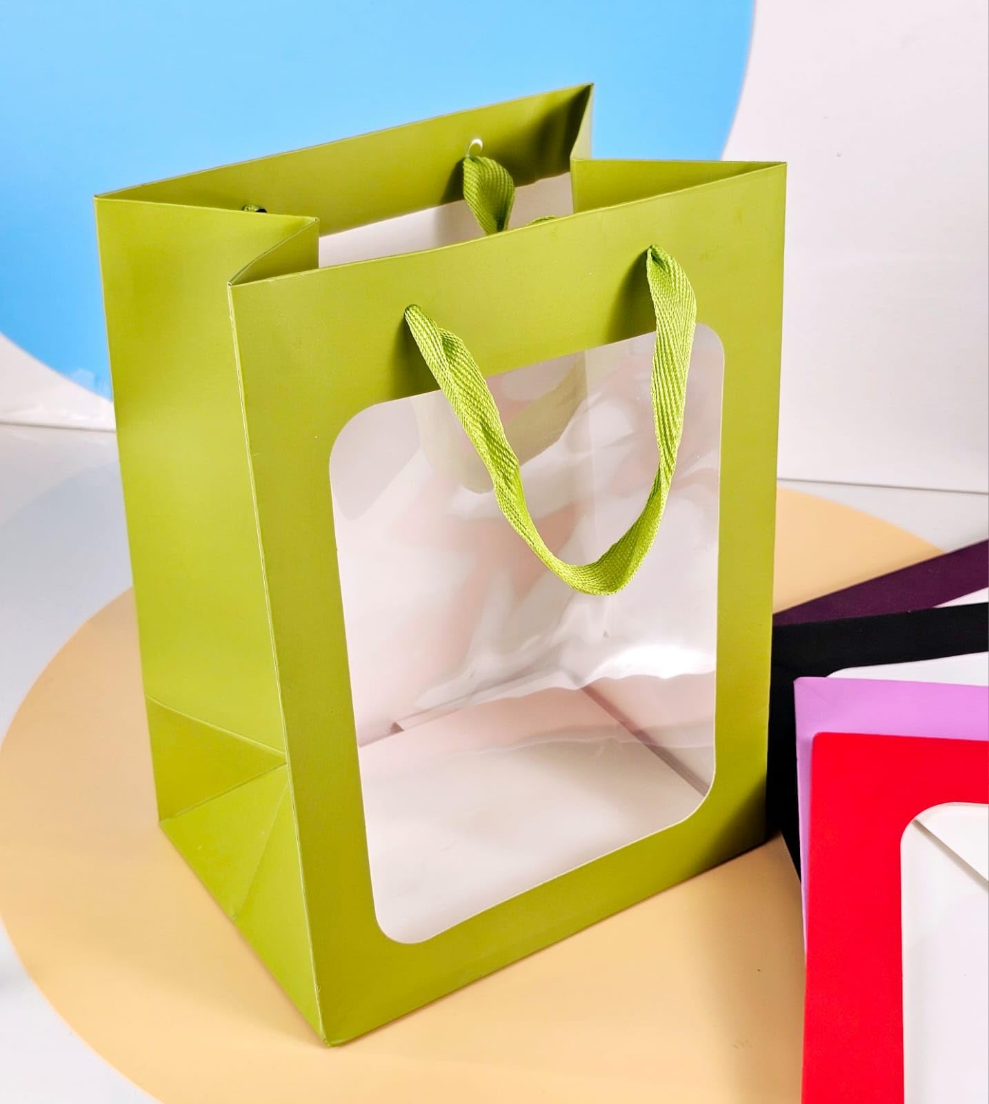 4 Pack SATYAM KRAFT Clear Window Gift Bags with Handles - Reusable Shopping Bags for Valentine's Day, Birthday, Wedding, Christmas & Party Favors - Perfect for Gifting, Events & Holiday Presents