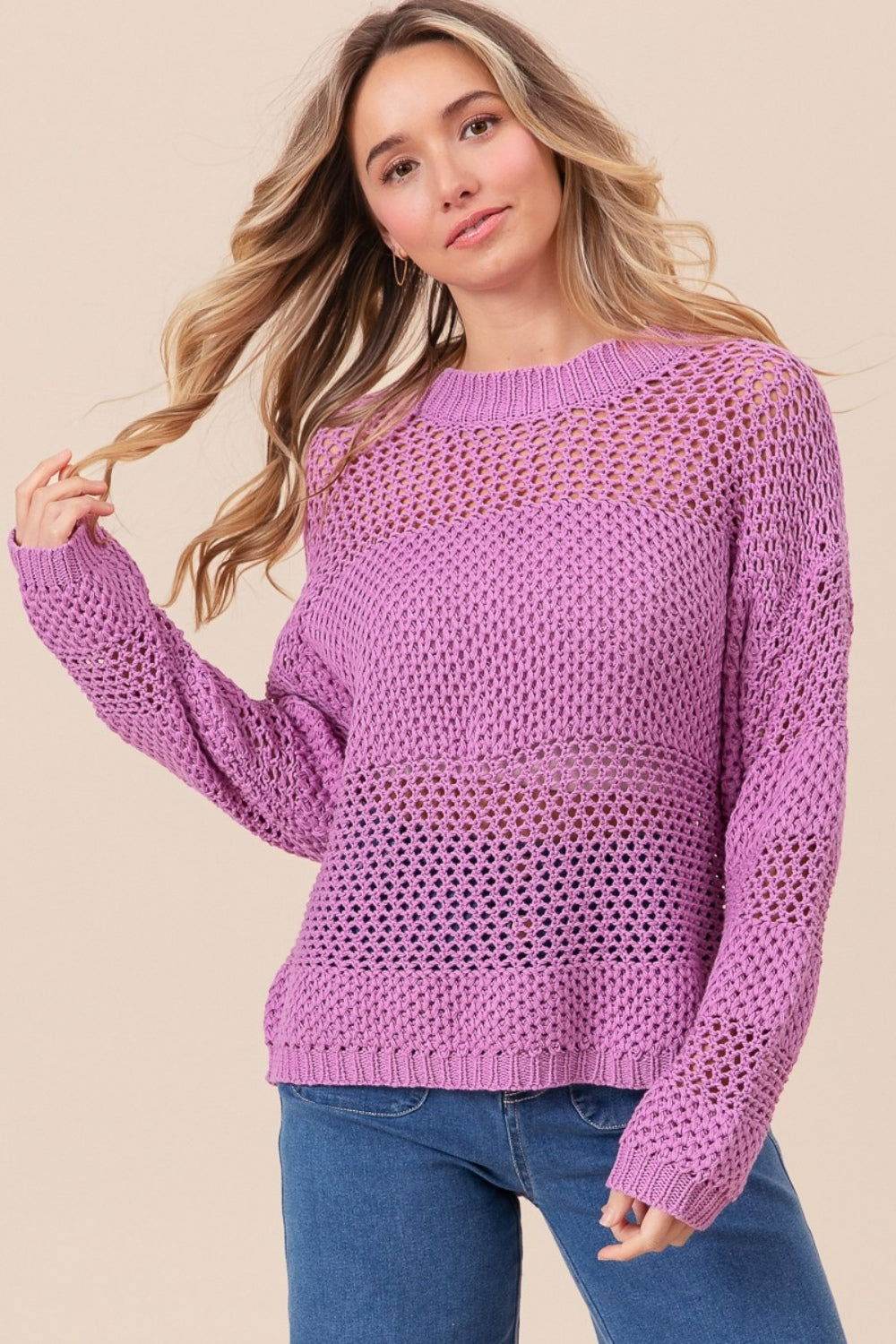 BiBi Openwork Long Sleeve Knit Top for Women - Breathable Lace Knit Sweater - Perfect for Fall Layering & Casual Outfits