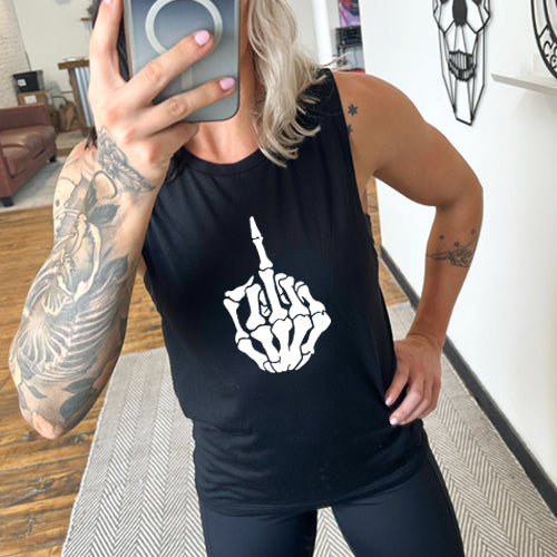 Funny Skeleton Middle Finger Muscle Tank Top for Men - Gothic Halloween Party Outfit & Gym Workout Shirt