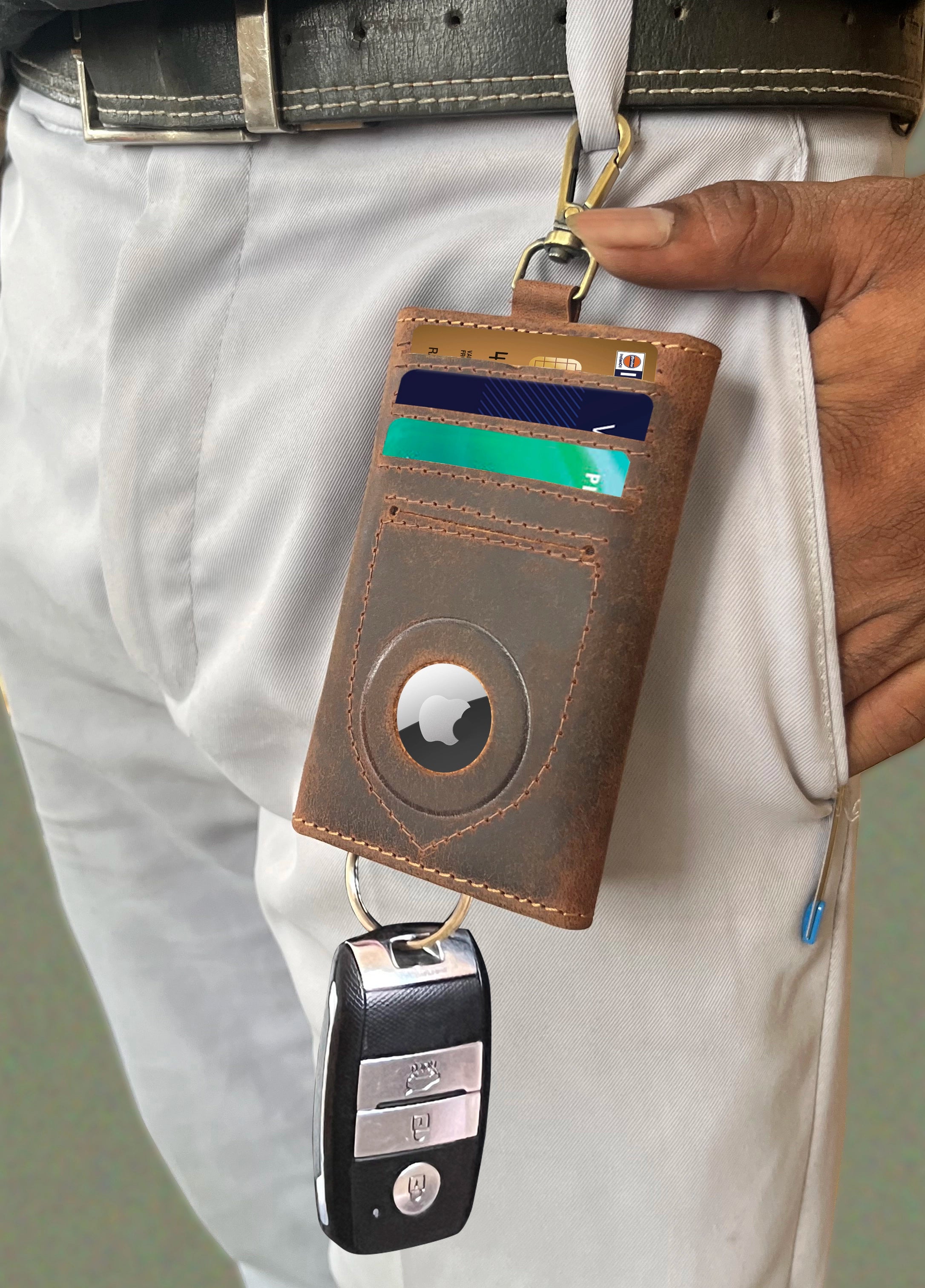 Slim Leather Key Holder with AirTag Slot - RFID Blocking Keychain Wallet for Men & Women - Perfect for Travel, Office & Everyday Use