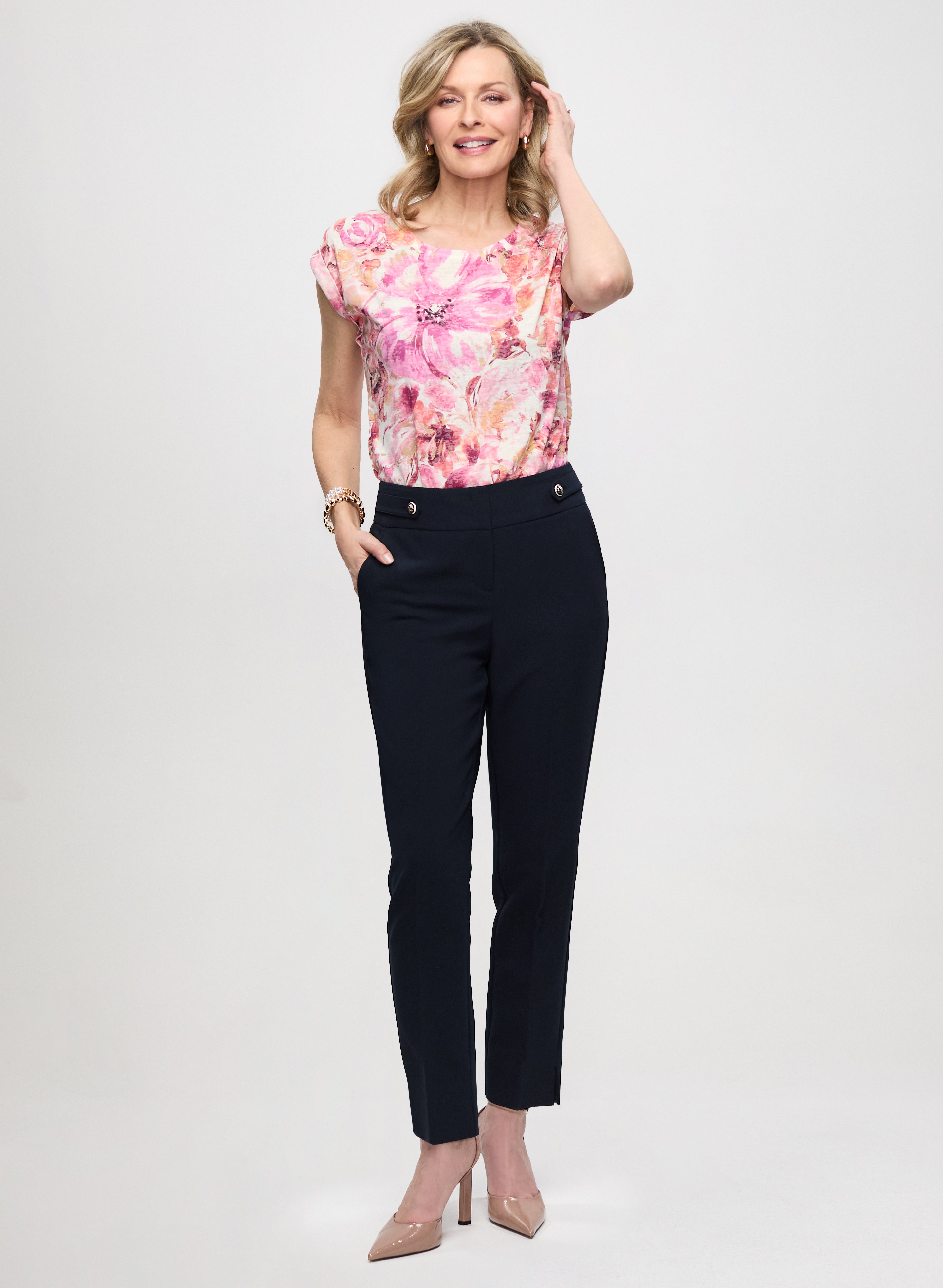 Floral Print Burnout Tee & Slim Leg Ankle Pants Set - Women's Casual Outfit for Spring Summer Fashion | Perfect for Office, Date Night & Weekend Outings