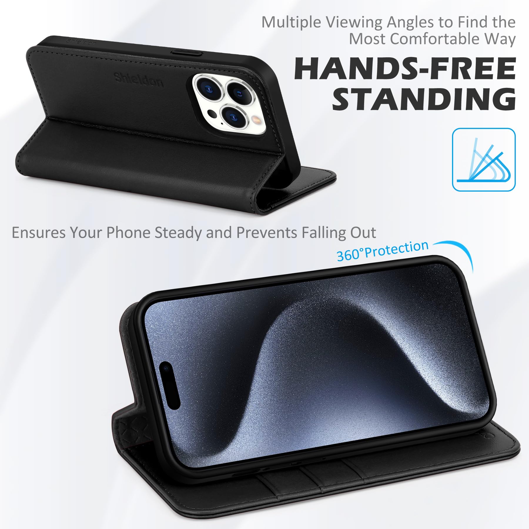 SHIELDON Genuine Leather Wallet Case for iPhone 15 Pro Max 6.7