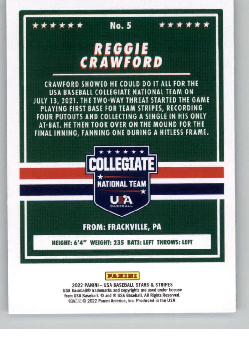 2022 Panini Stars and Stripes USA Baseball #5 Reggie Crawford Collegiate National Team Trading Card - NM or Better Condition | Baseball Card Collection, Sports Memorabilia, Gift for Baseball Fans