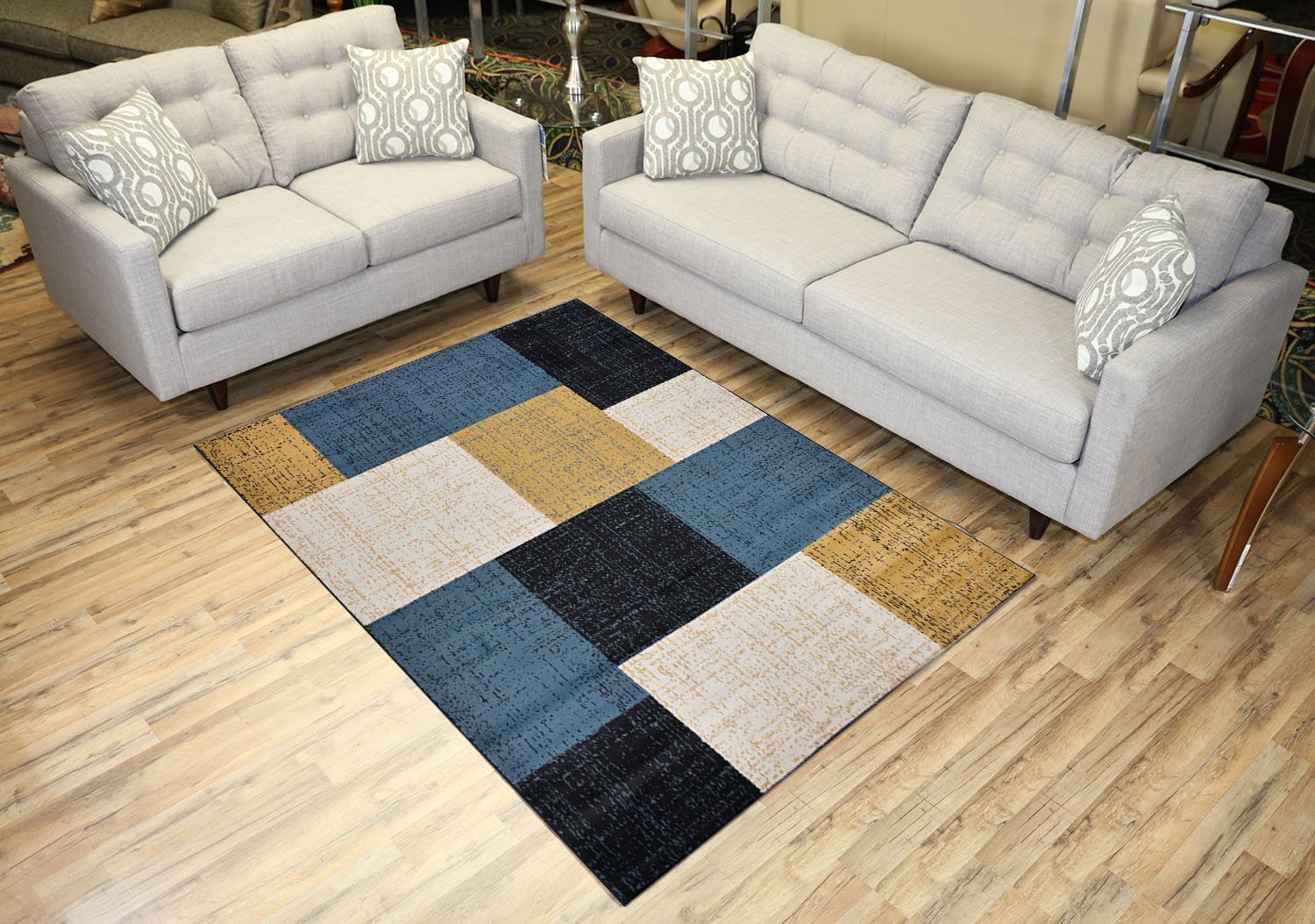 Modern Geometric Area Rug - Blue Squares Design 5x7 ft - Perfect for Living Room, Bedroom & Office Decor