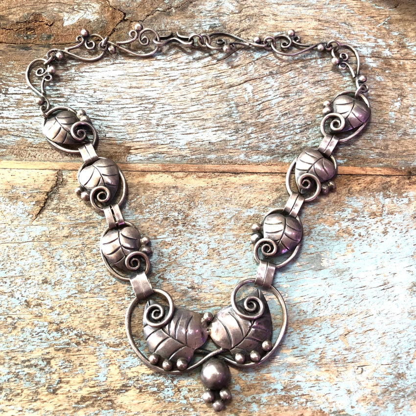 Vintage Mexican Sterling Silver Leaf & Tendril Necklace – Handmade Jewelry for Women, Boho Chic Necklace, Dainty Layering Chain – Perfect for Everyday Wear, Weddings & Special Occasions