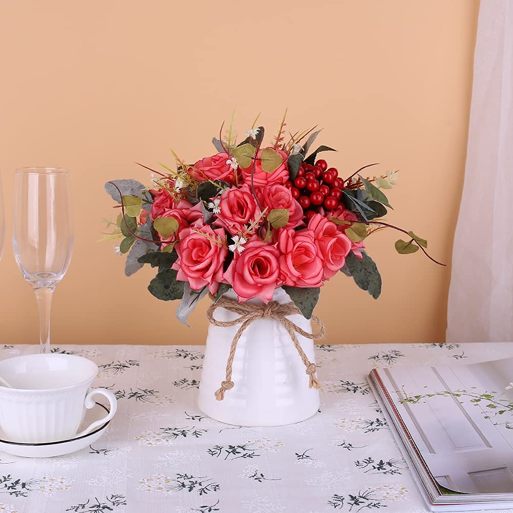 Artificial Silk Roses in Vase - Rustic Floral Table Centerpiece for Home, Kitchen & Room Decor | Perfect for Weddings, Parties & Farmhouse Style Decorations