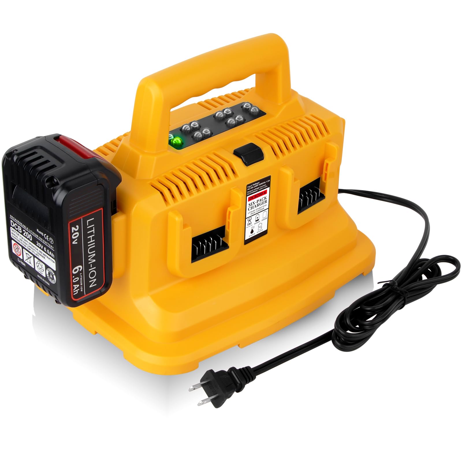 6-Port Fast Charger Station for Dewalt 20V Max/60V Flexvolt Batteries (DCB104) - Multi Charger with Power Button | Ideal for Construction Sites, Workshops & Home DIY Projects