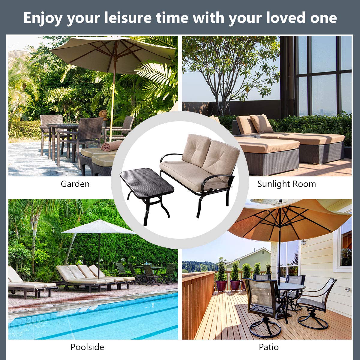 HAPPYGRILL 2-Piece Outdoor Loveseat Set with Coffee Table - Patio Garden Bench Sofa with Cushions for Backyard, Poolside & Balcony Relaxation